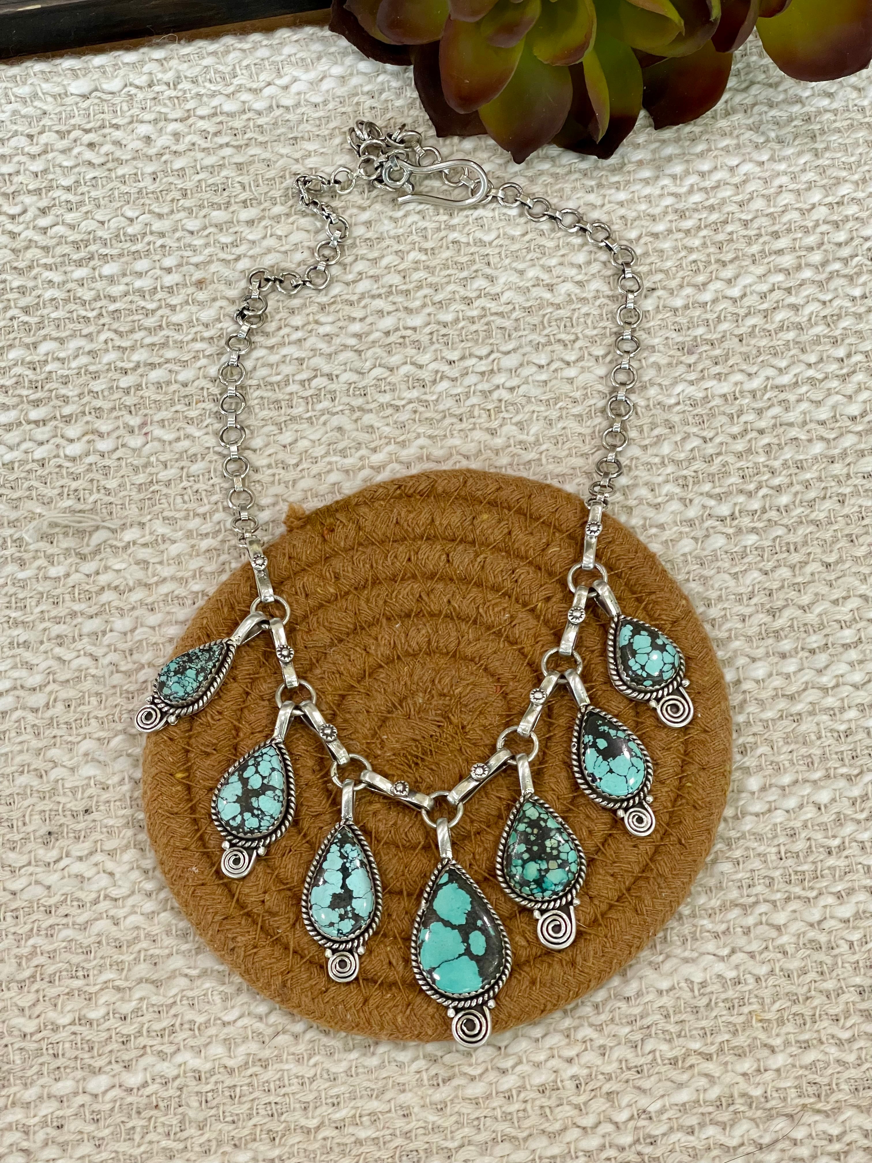 Handmade Sterling Silver Number 8 Turquoise Necklace with Signed Nizhoni