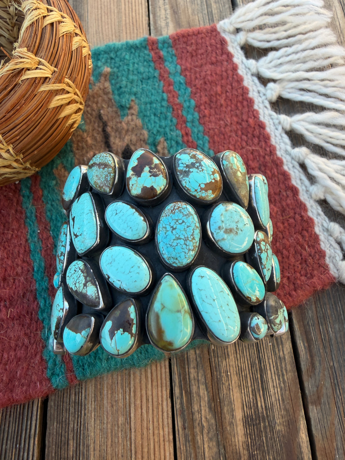 Handcrafted Sterling Silver & Number 8 Turquoise Cuff Bracelet by Russell Sam