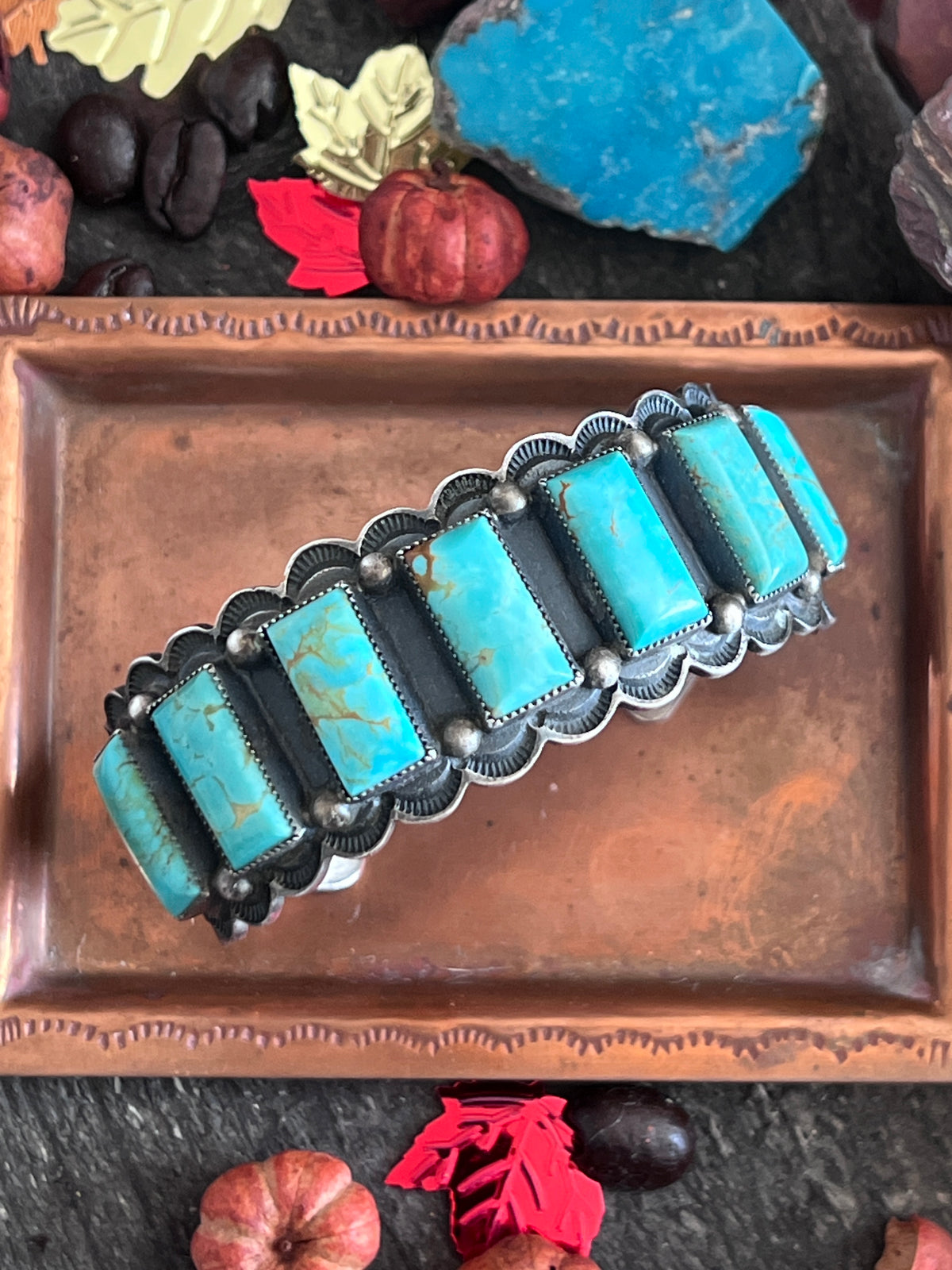 Estate Collection Vintage Sterling Silver and Kingman Turquoise Row Cuff by Tom Lewis