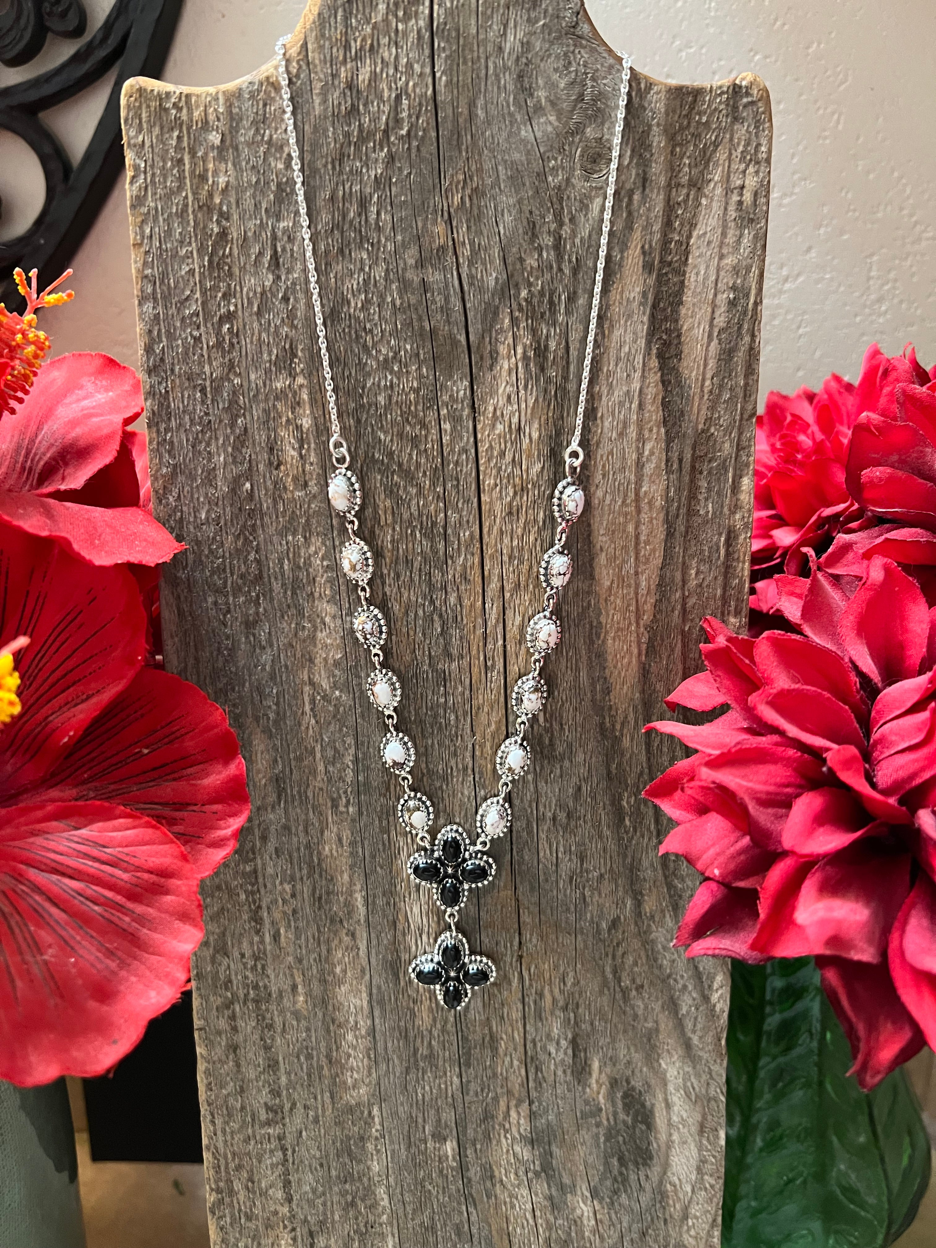 Handmade Sterling Silver, Wild Horse Gemstones & Black Onyx Lariat Necklace