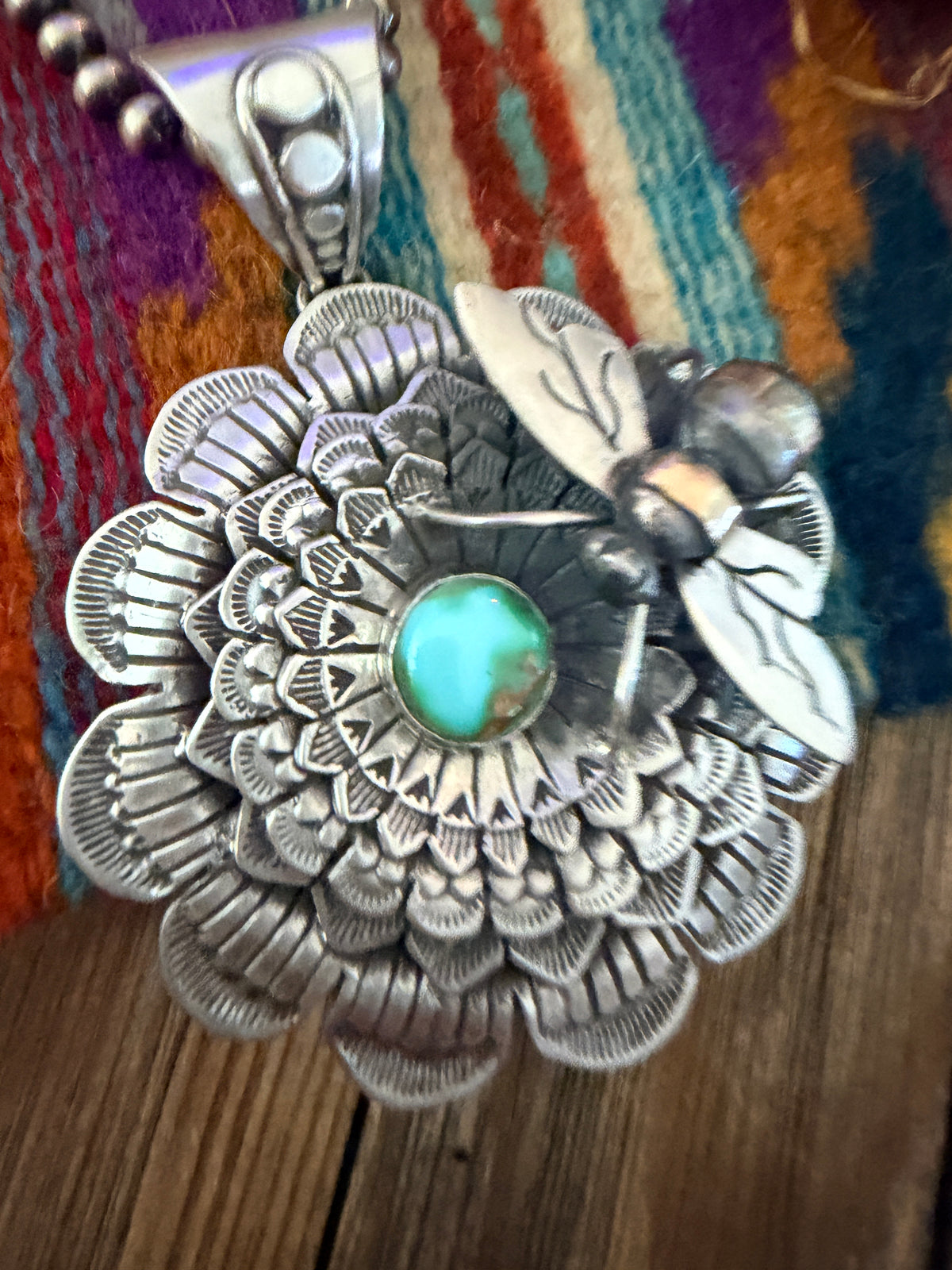 Handcrafted Sterling Silver & Turquoise Sunflower Necklace with Bee by Russell Sam