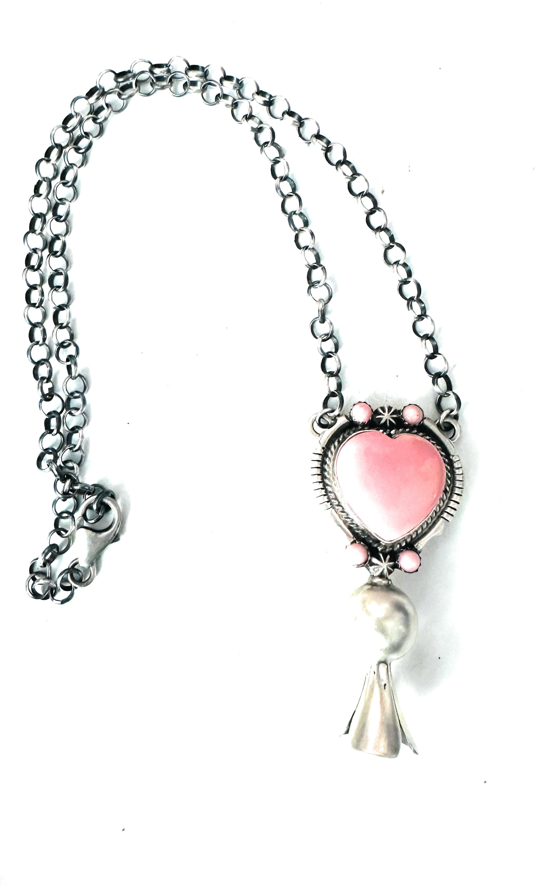 Navajo Sterling Silver & Queen Pink Conch Heart Blossom Necklace by Thomas Francisco