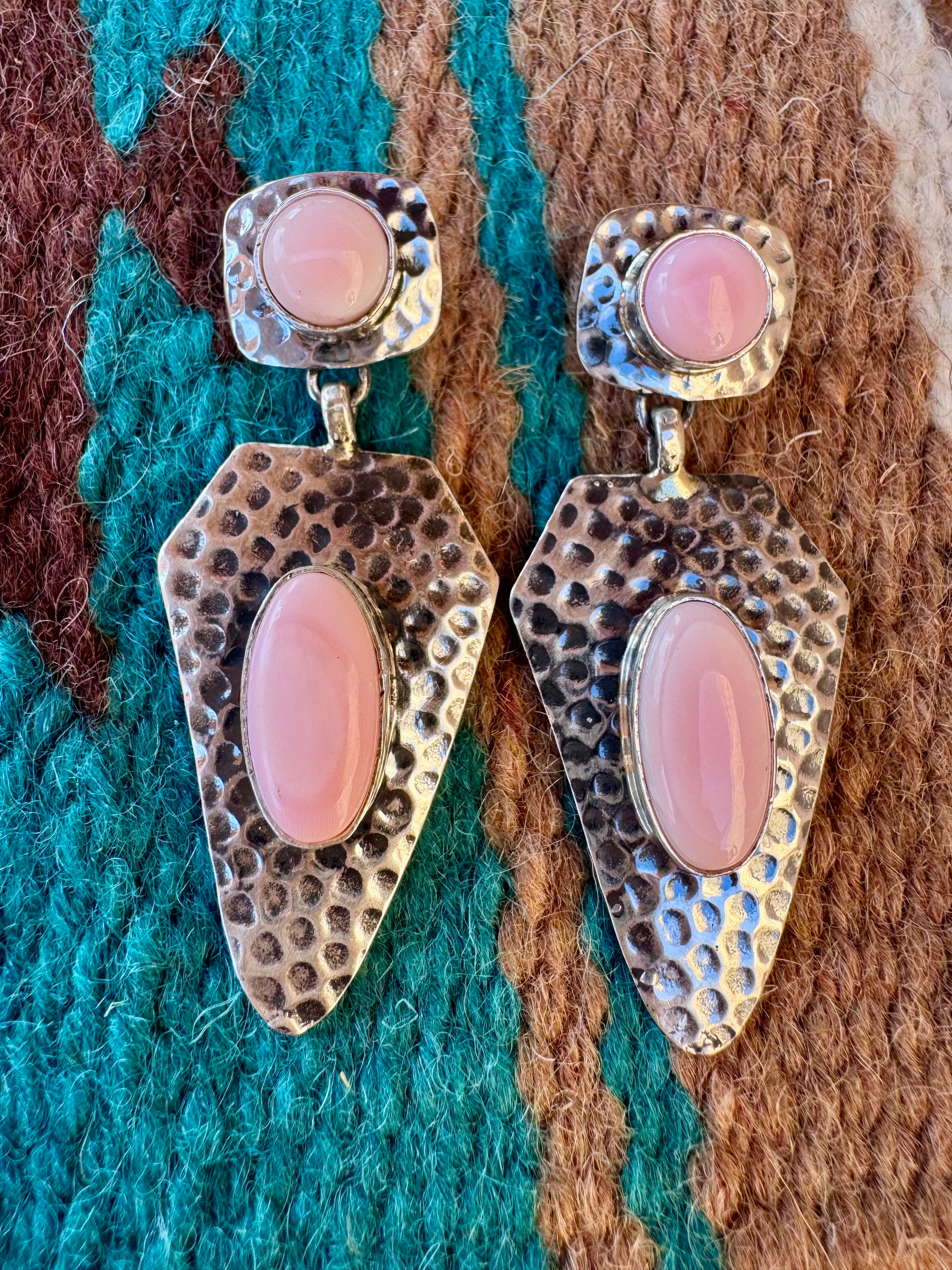Handcrafted Queen Pink Conch & Hammered Sterling Silver Dangle Earrings