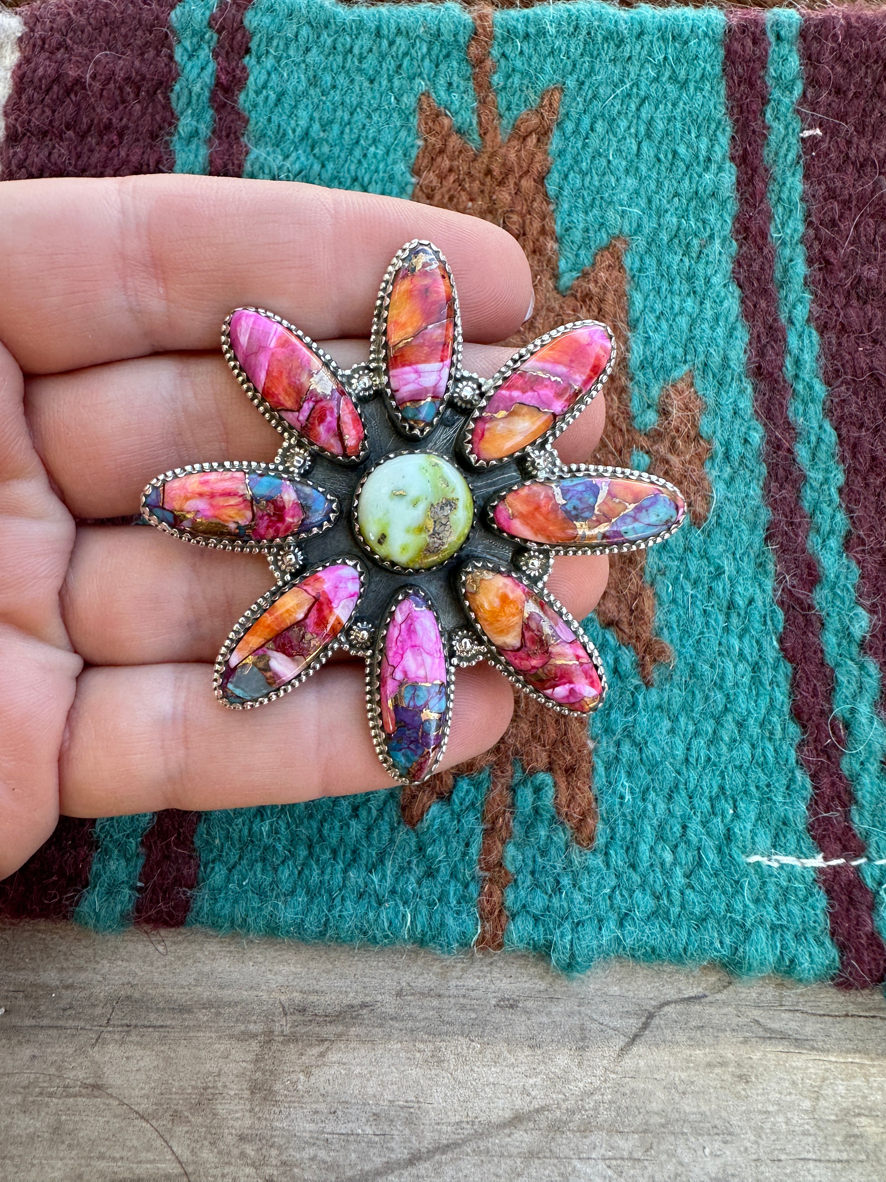 Nizhoni Handmade Pink Dream Mojave, Palomino Turquoise & Sterling Silver Adjustable Flower Ring