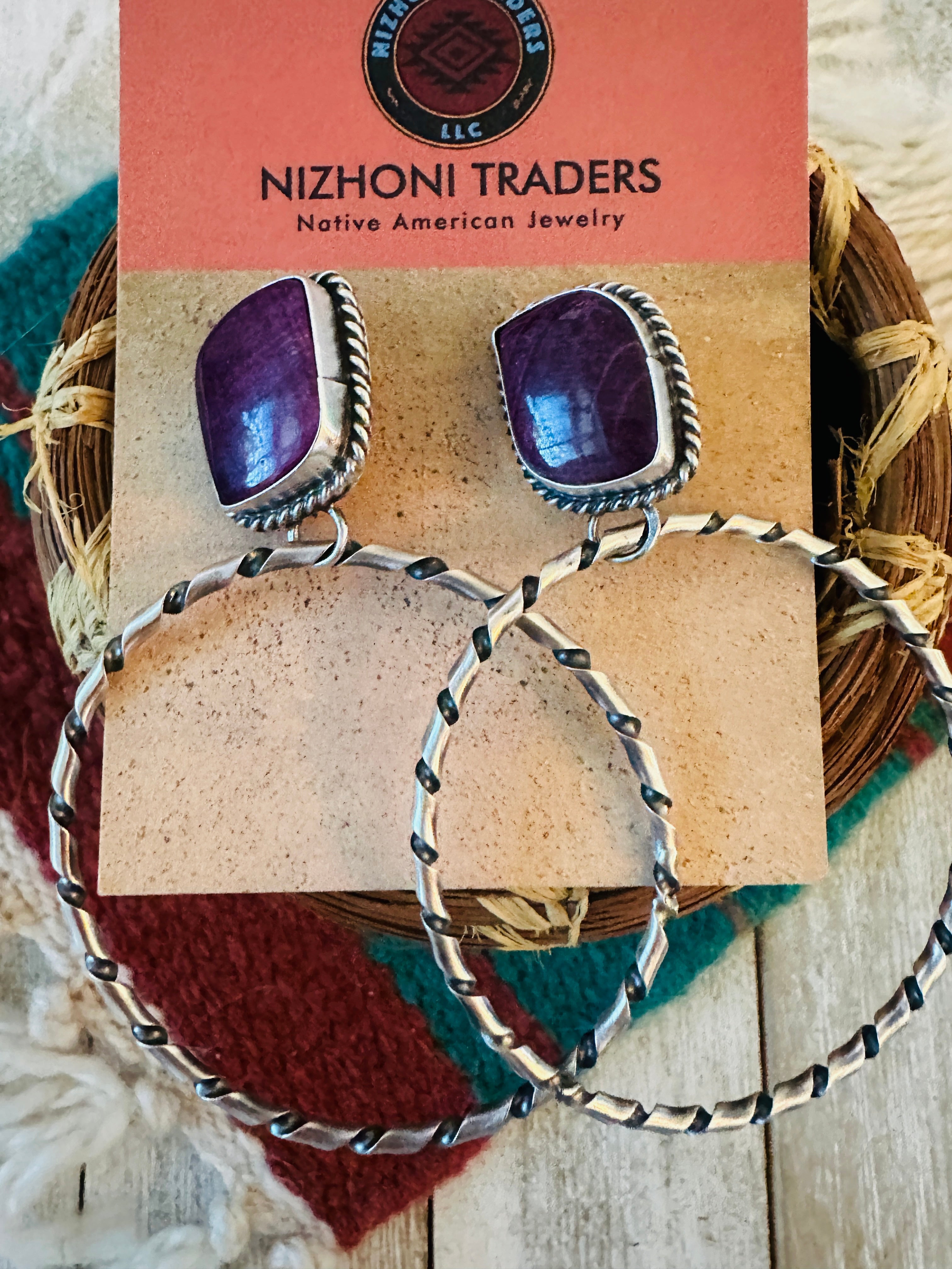 Navajo Purple Spiny and Sterling Silver Dangle Hoop Earrings