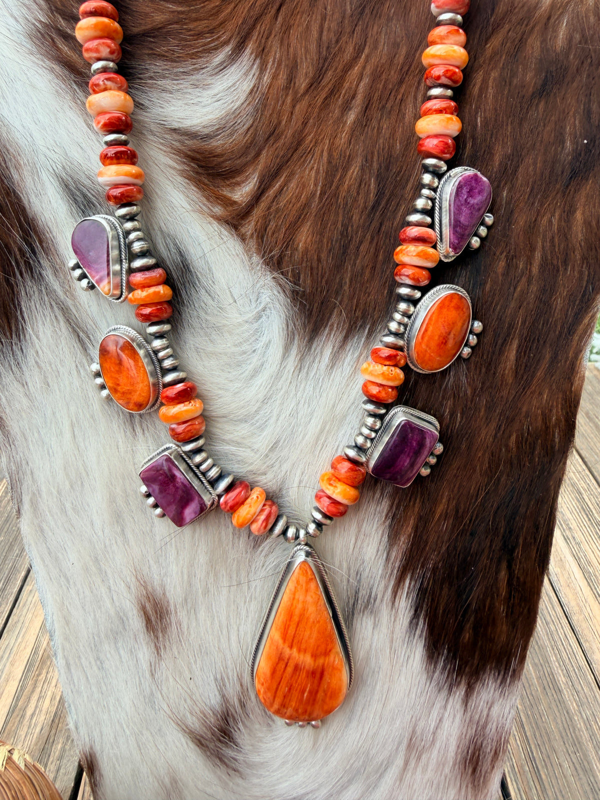 Handcrafted Spiny Oyster & Sterling Silver Beaded Necklace and Earring Set by Aaron Robeson