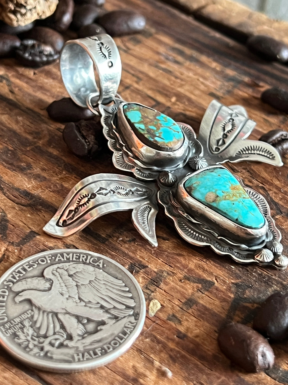 Handcrafted Sterling Silver and Turquoise Winged Bug Pendant by Kimari Somers