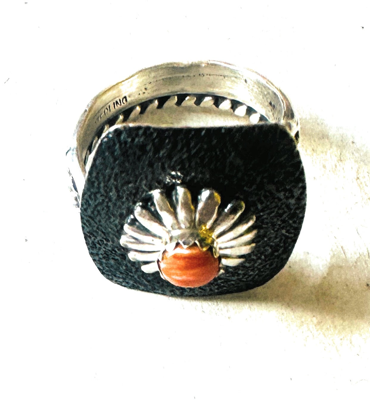 Navajo Sterling Silver & Orange Spiny Concho Adjustable Ring