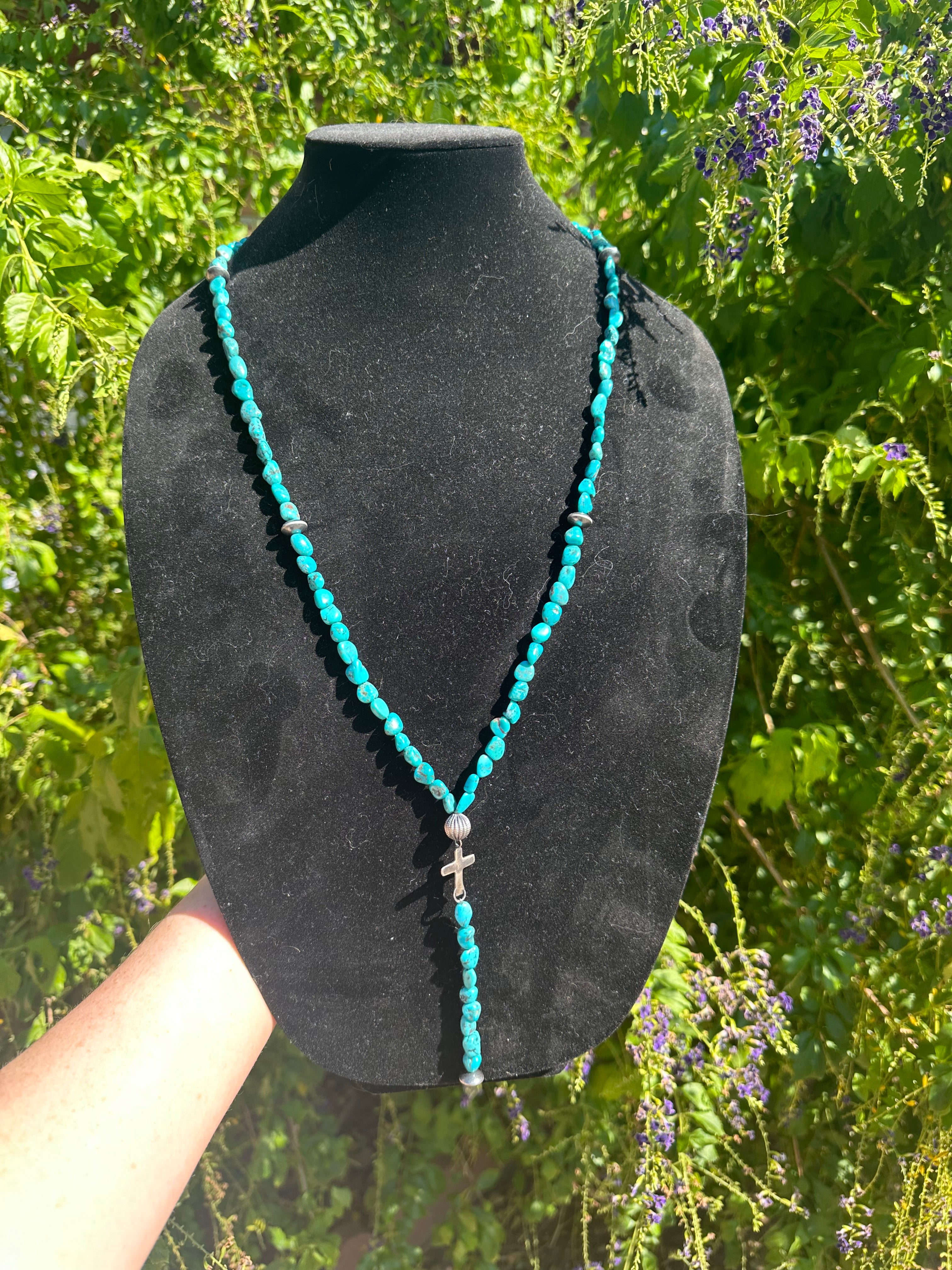 Nizhoni's Handmade Sterling Silver Turquoise Beaded Lariat Cross Neckl