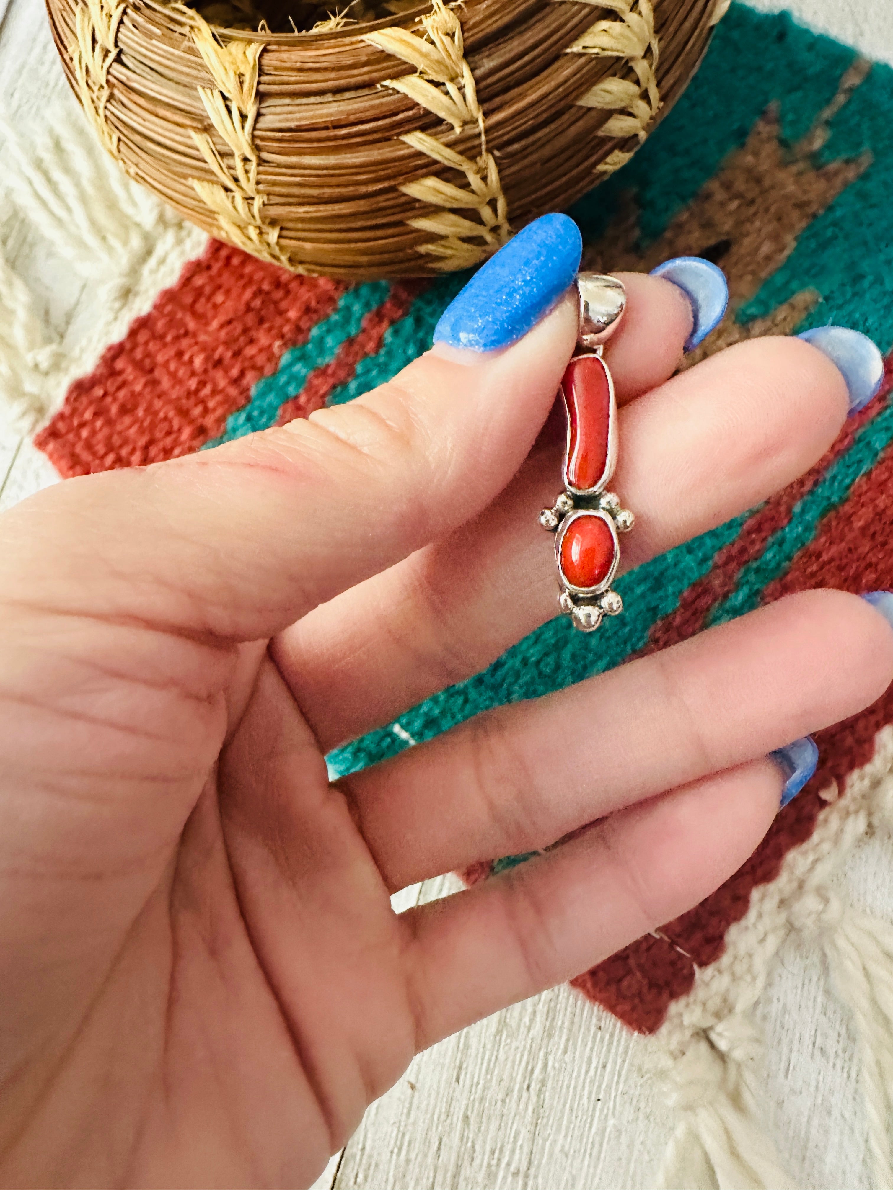 Navajo Red Coral & Sterling Silver Pendant