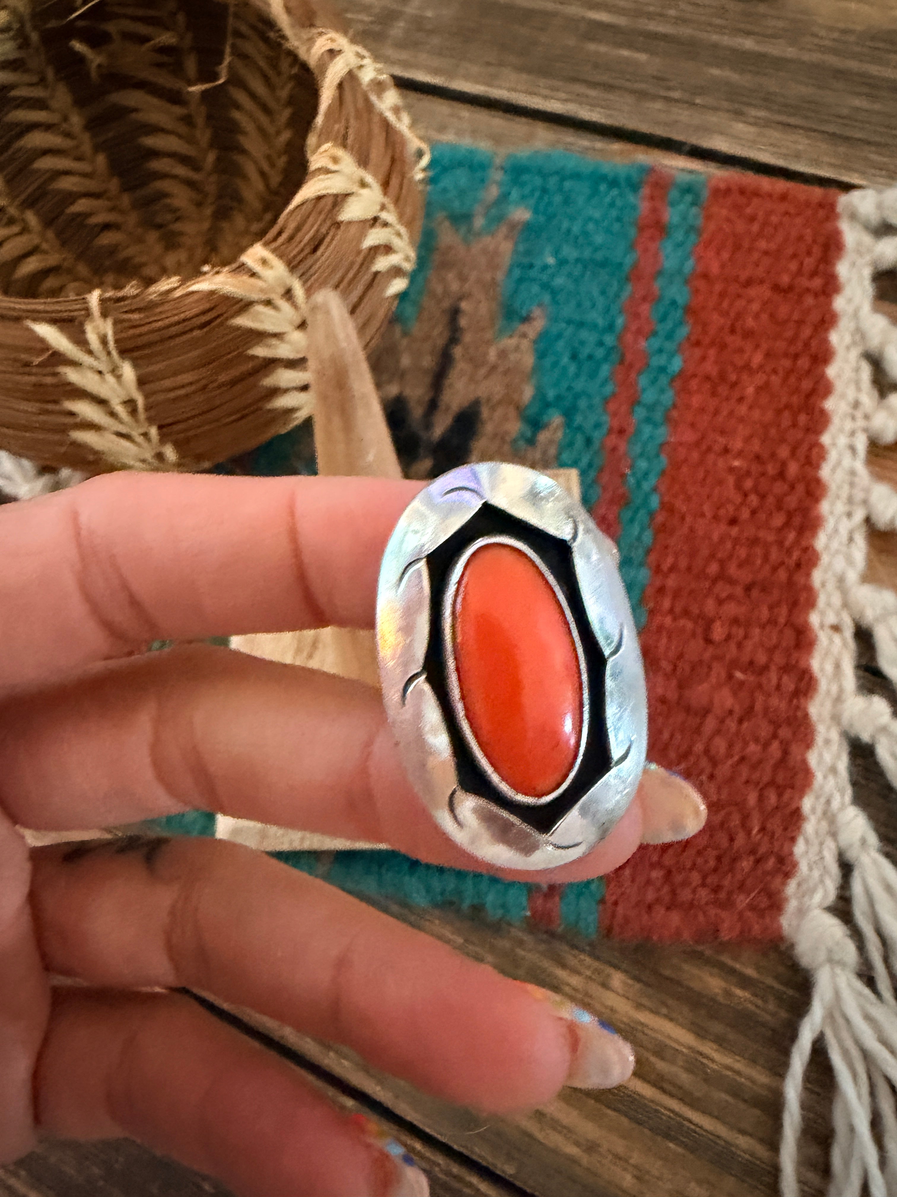 Old Pawn Handcrafted Coral & Sterling Silver Ring Size 5.75