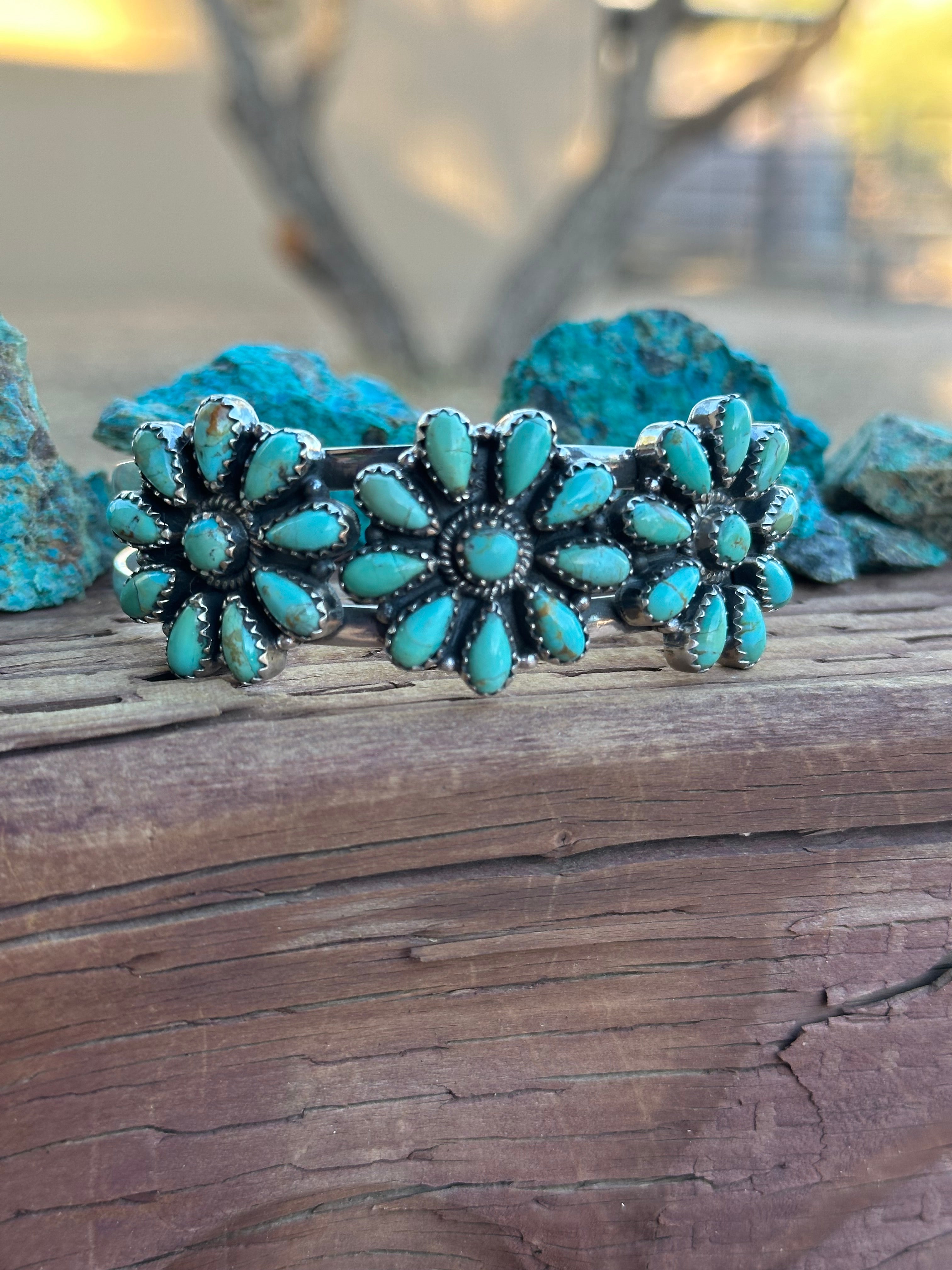 Handmade Sterling Silver & Royston Flower Turquoise Cluster Cuff Bracelet