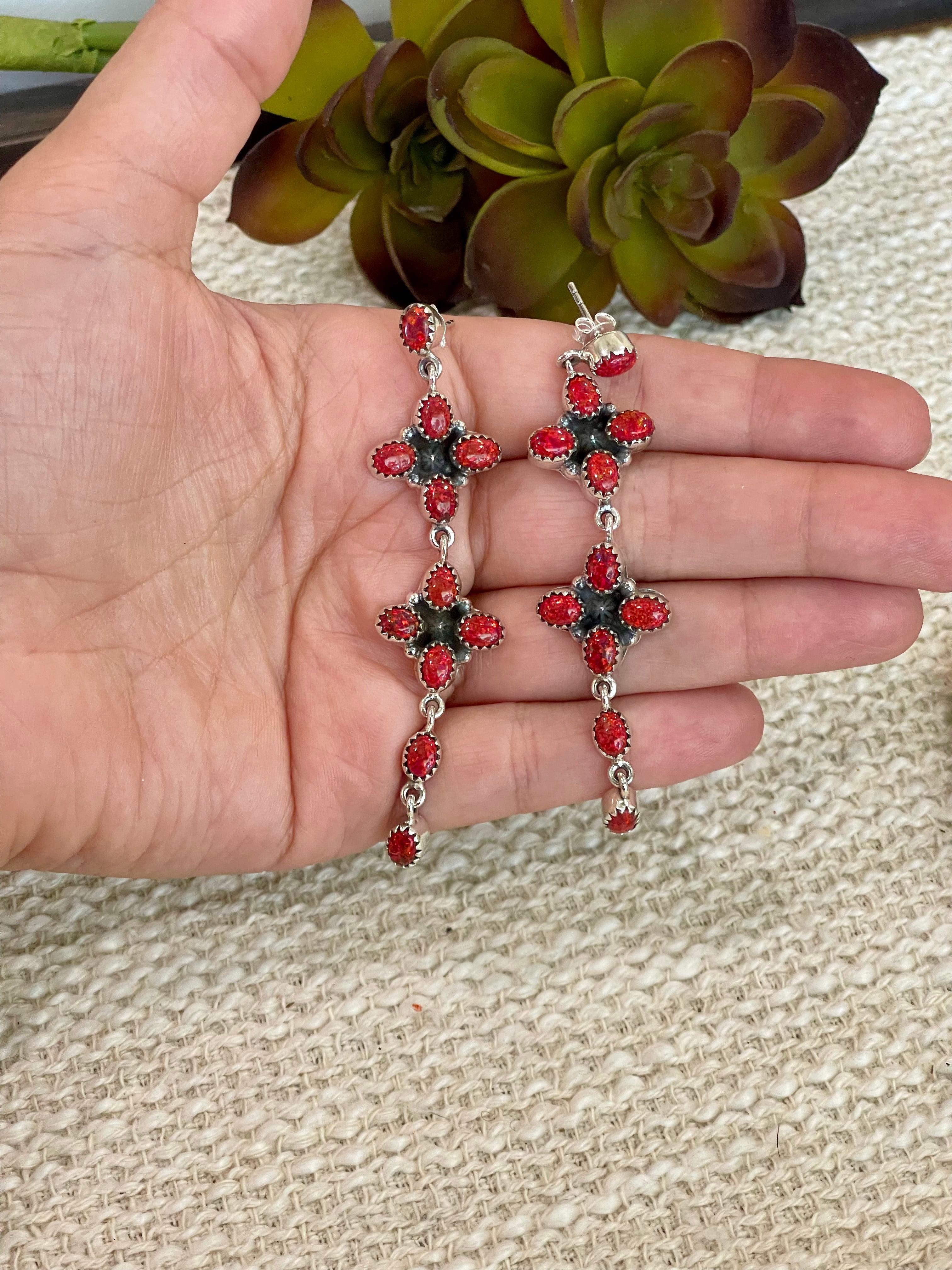 ** 4TH OF JULY ** Handmade Sterling Silver Synthetic Opal Dangle  Earrings with Signed Nizhoni