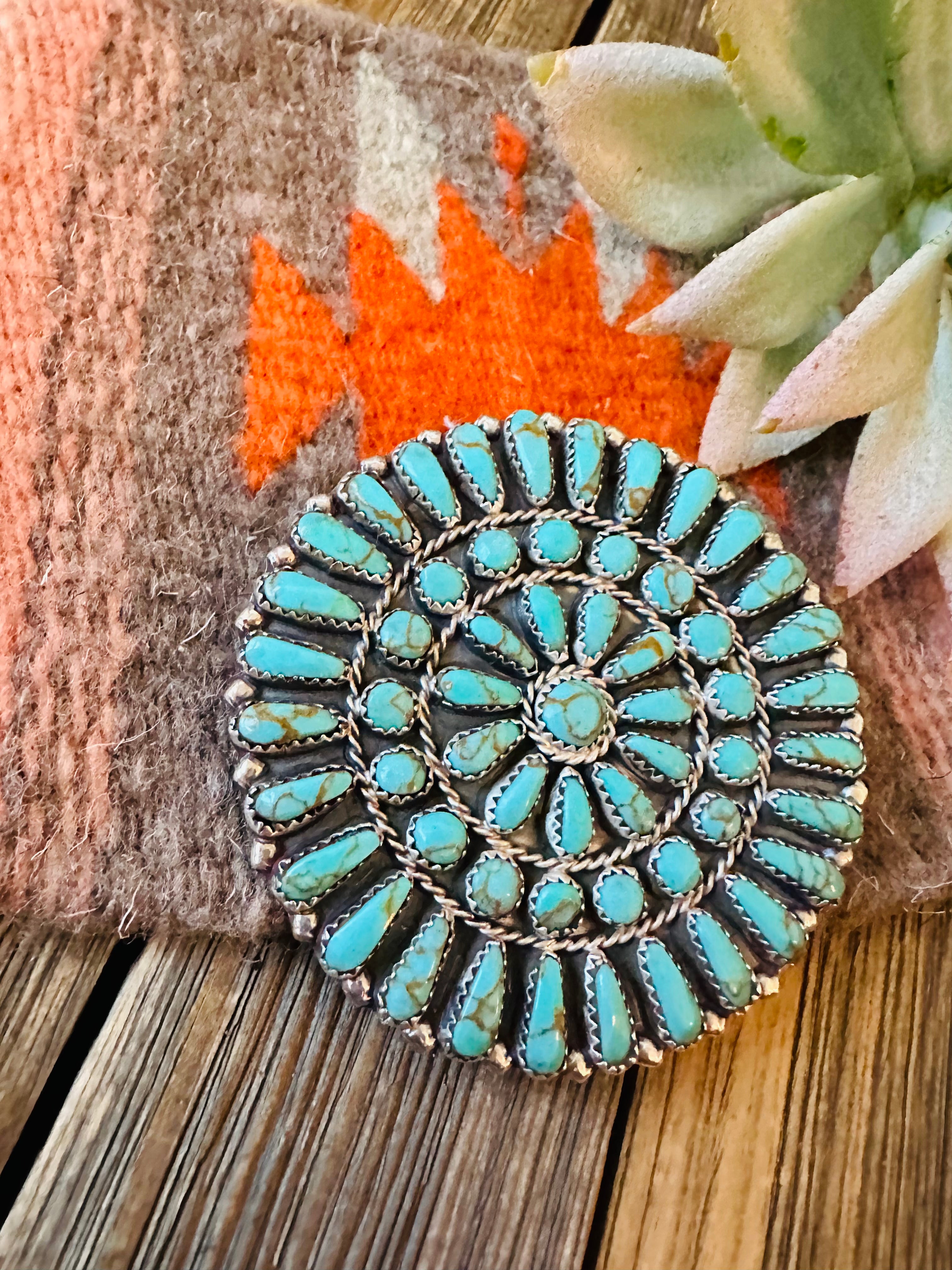 Navajo Sterling Silver and Turquoise Cluster Brooch