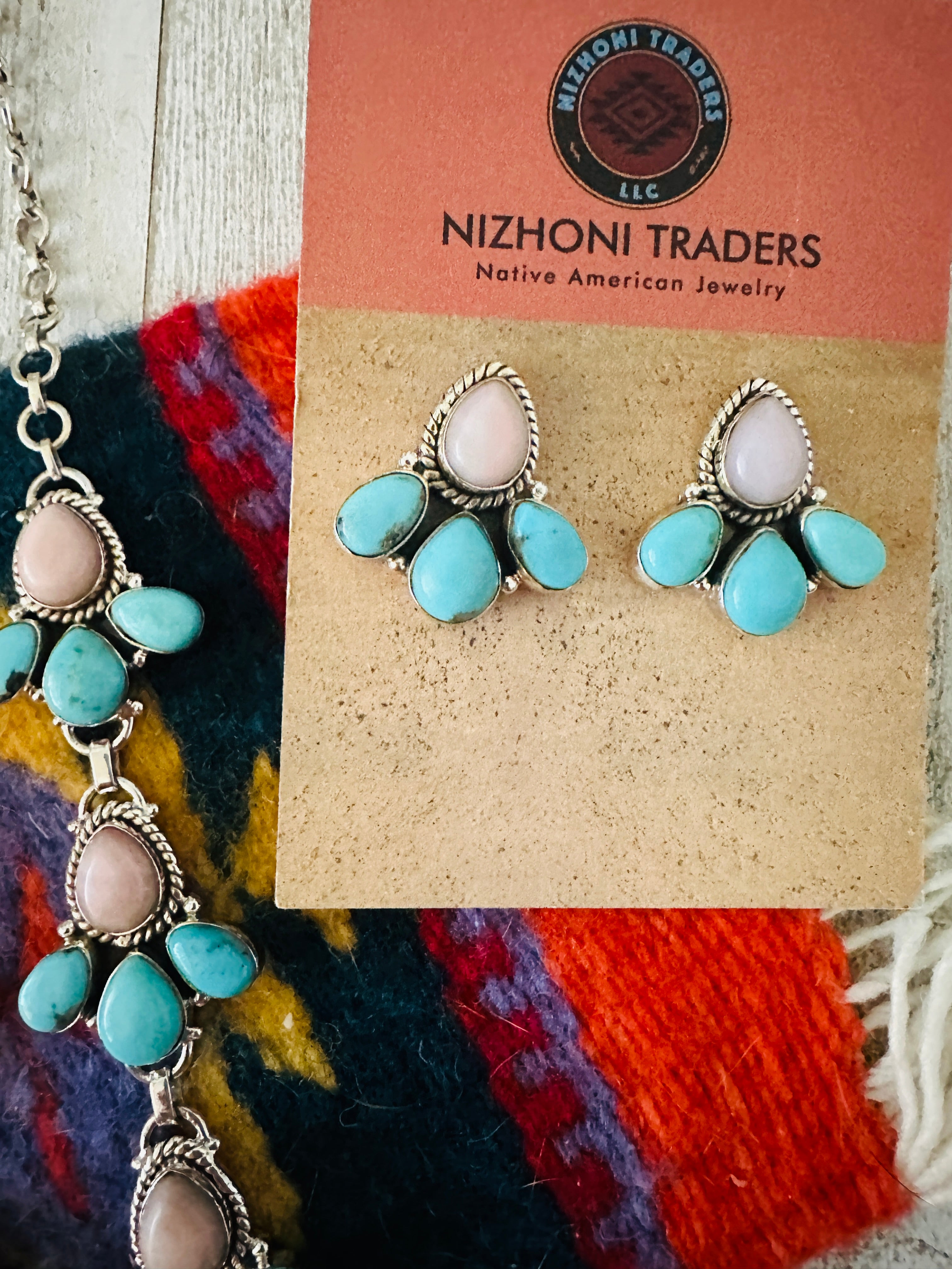 Handmade Sterling Silver, Turquoise & Pink Opal Necklace Set Signed Nizhoni