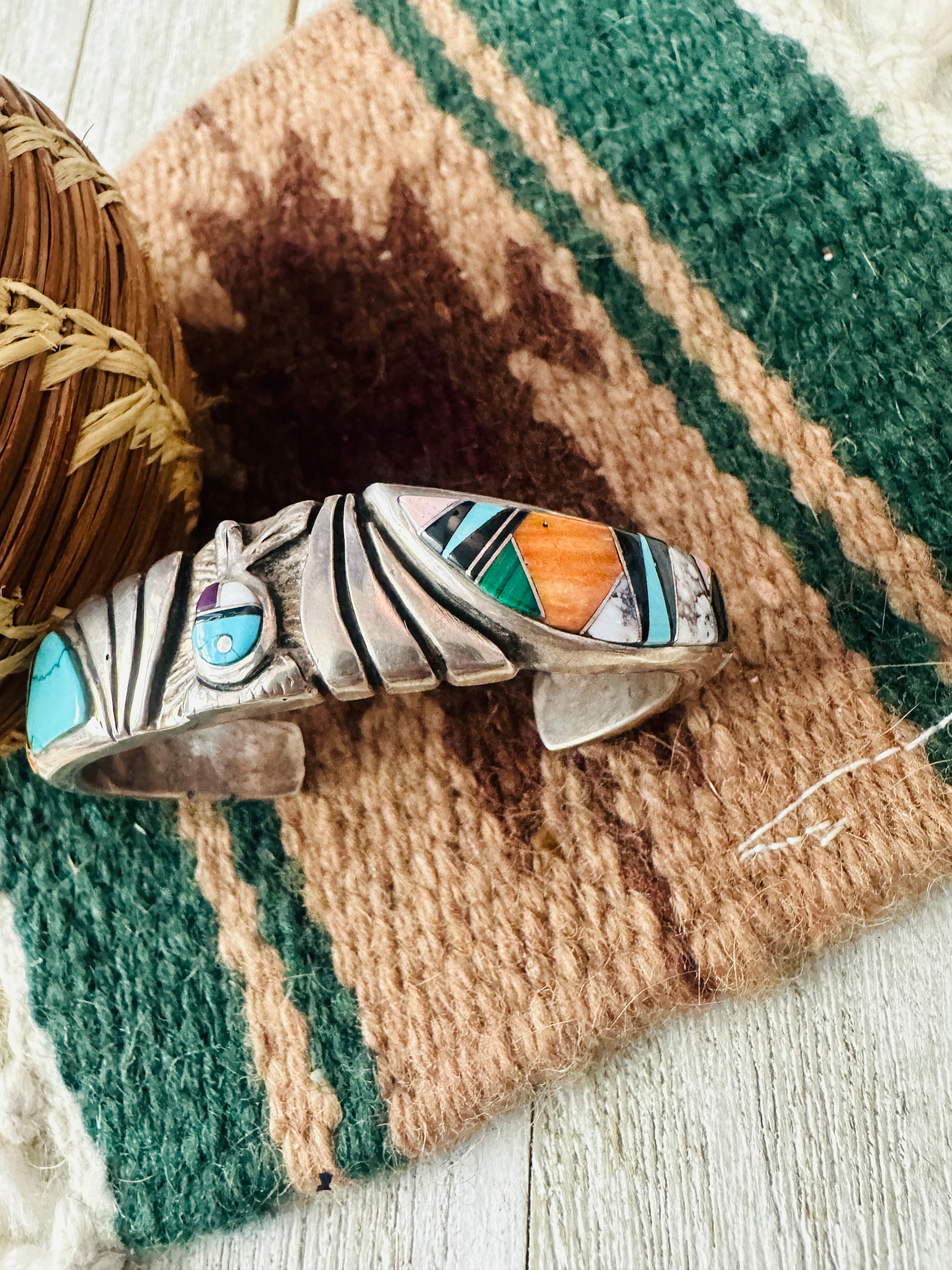 Handcrafted Old Pawn Multi Stone & Sterling Silver Inlay Cuff Bracelet