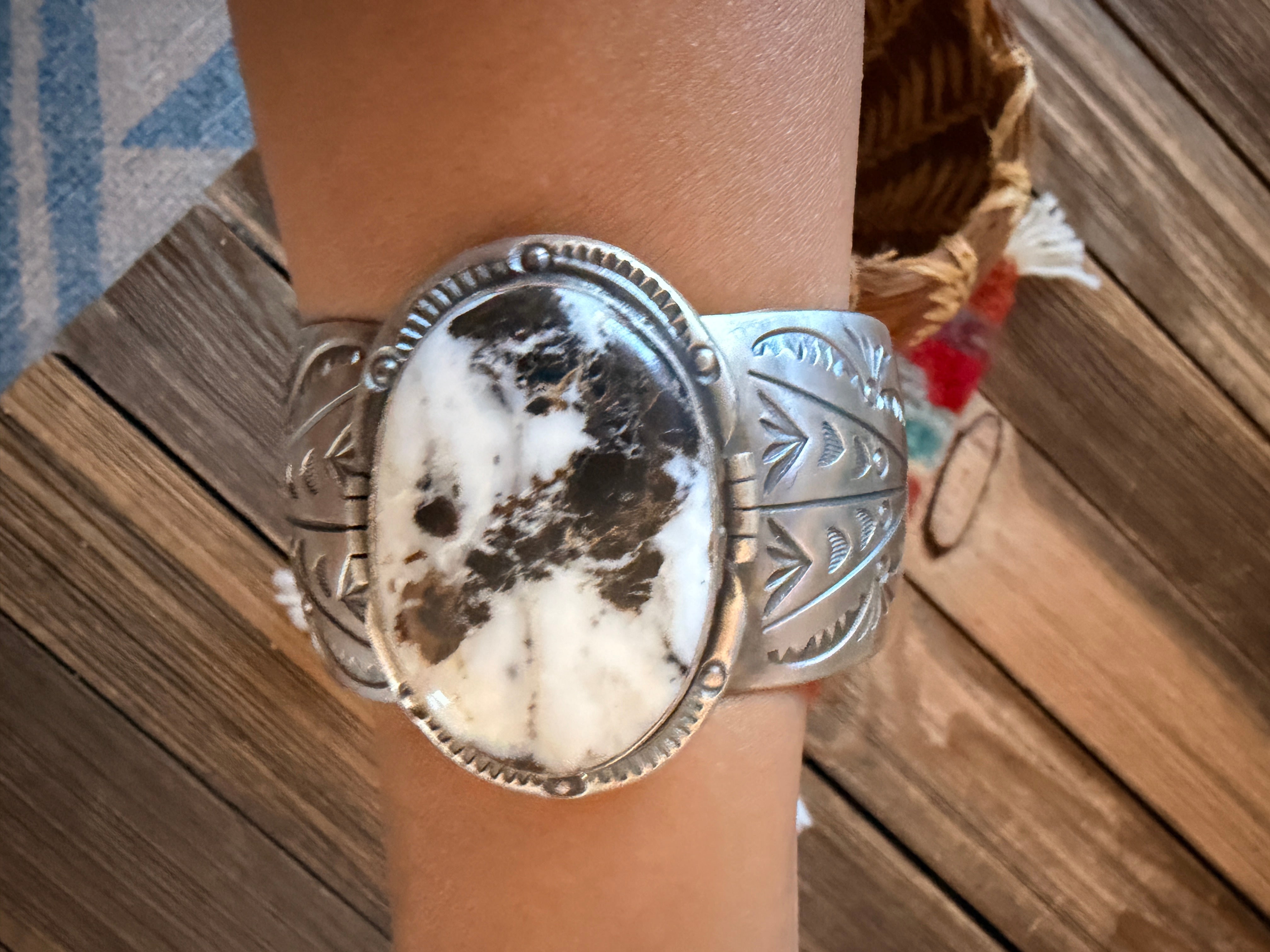Handcrafted White Buffalo & Sterling Silver Cuff Bracelet by Delbert Secatero