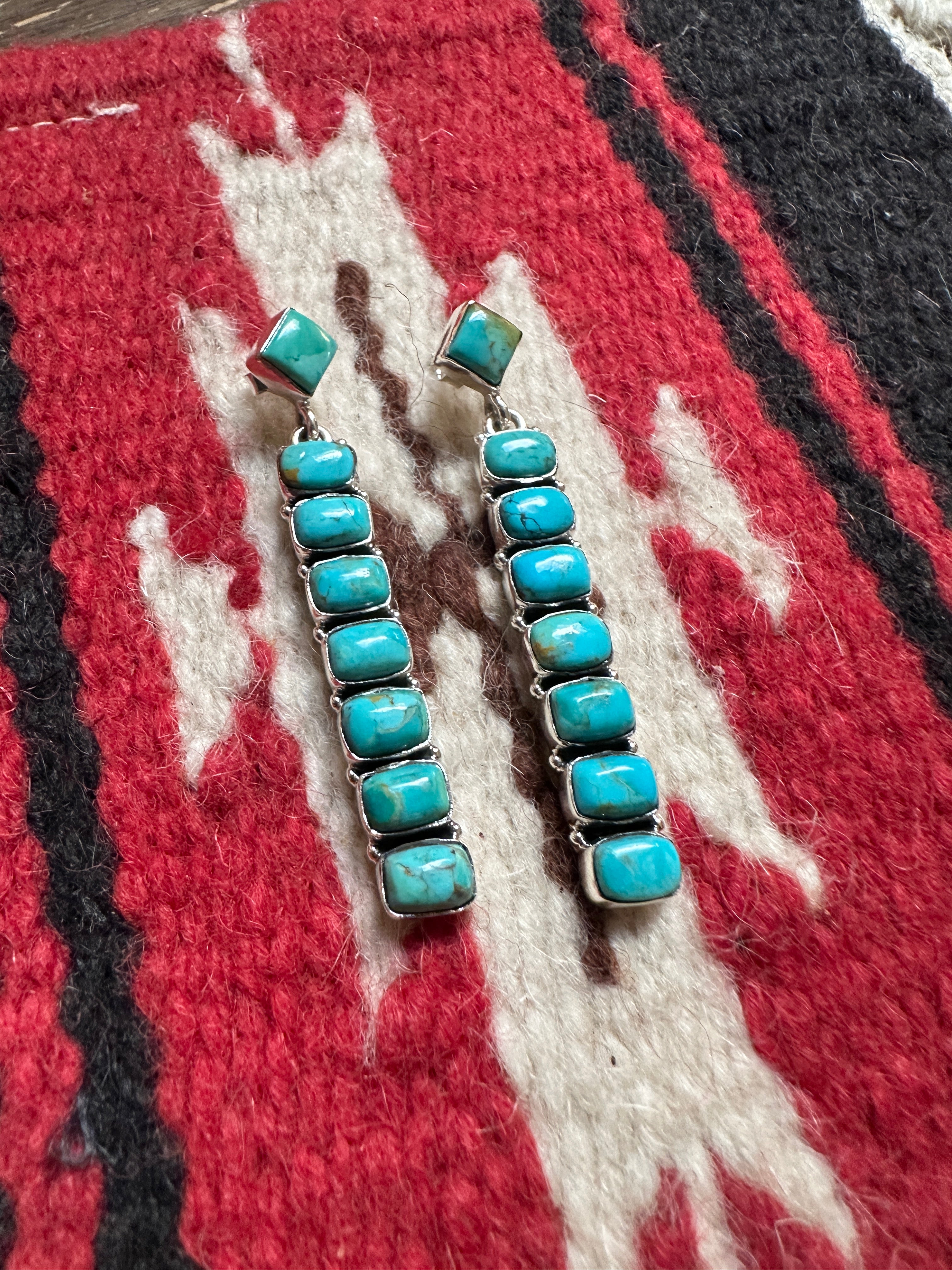 Handmade Turquoise & Sterling Silver Post Dangle Rectangle Earrings