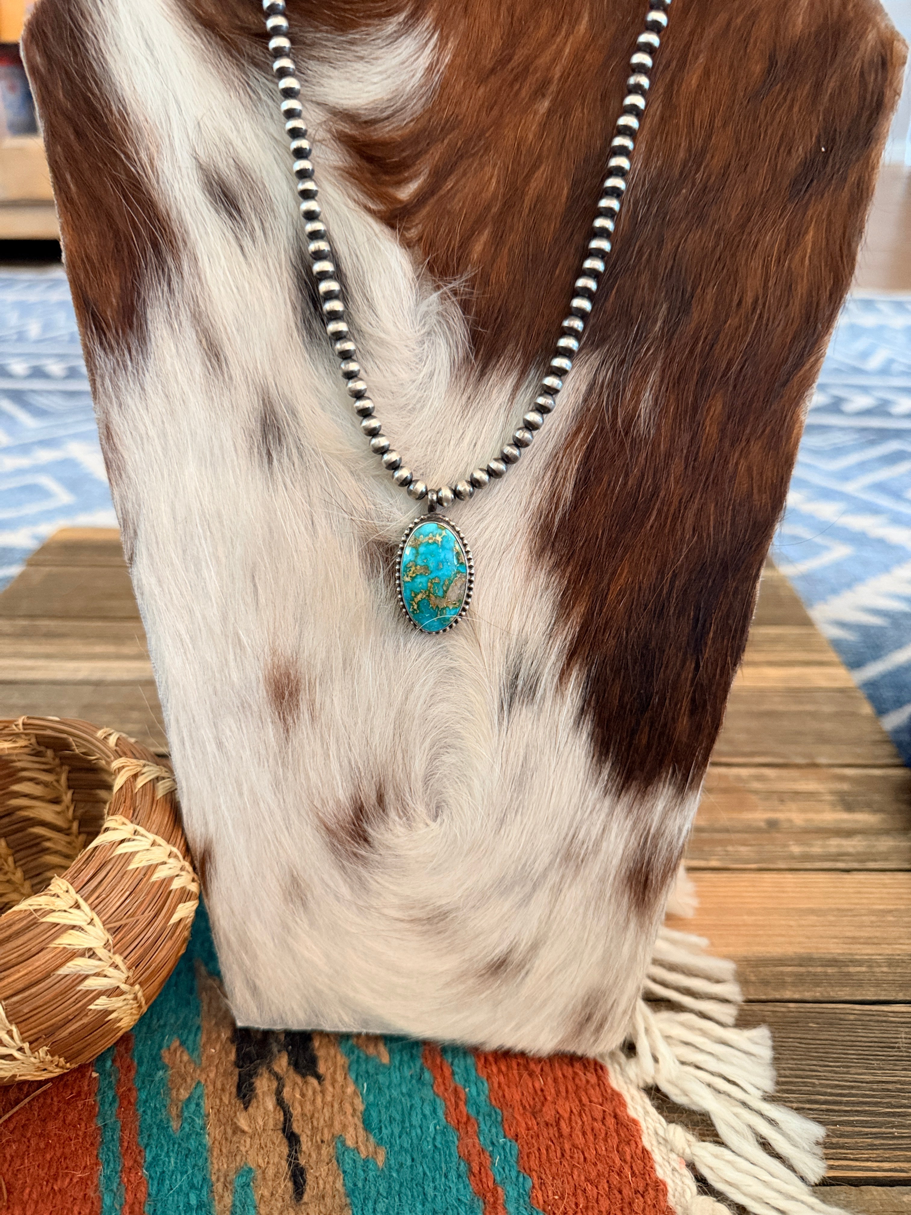 Handcrafted Turquoise & 5mm Sterling Silver Pearl 18” Beaded Necklace