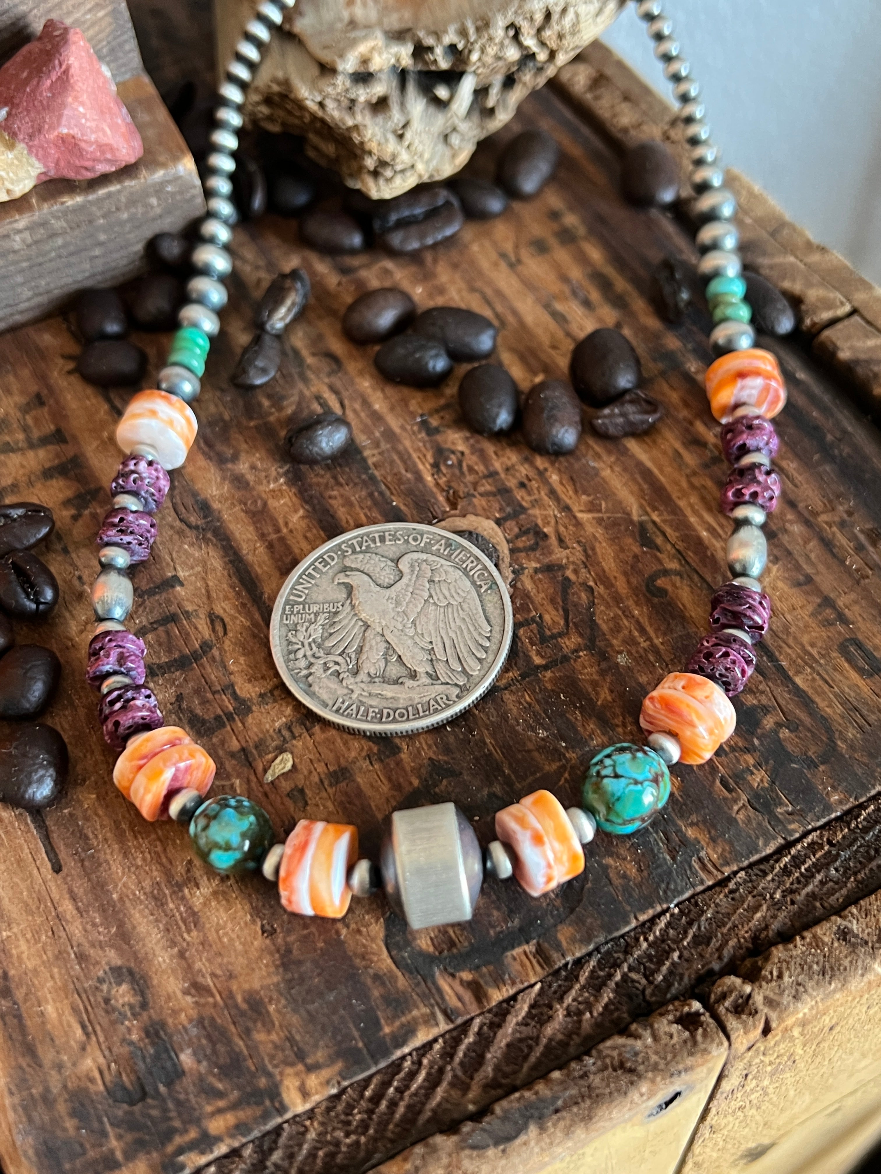 Handcrafted Sterling Silver, Kingman Turquoise and Spiny Oyster Shell Electric Rainbow Beaded Necklace, 16” + 2”