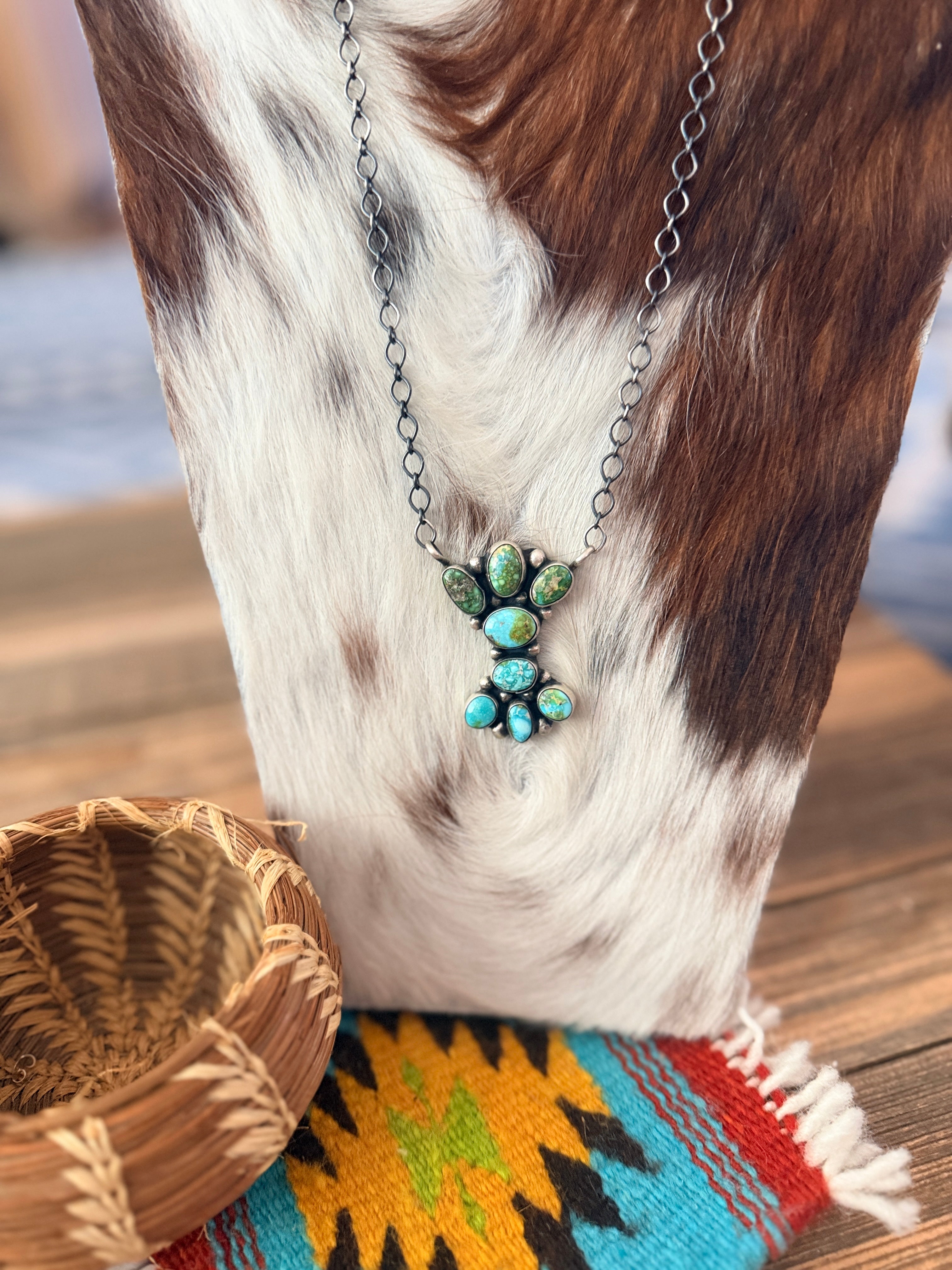 Handcrafted Sonoran Mountain Turquoise & Sterling Silver Cluster Necklace by Sheila Becenti