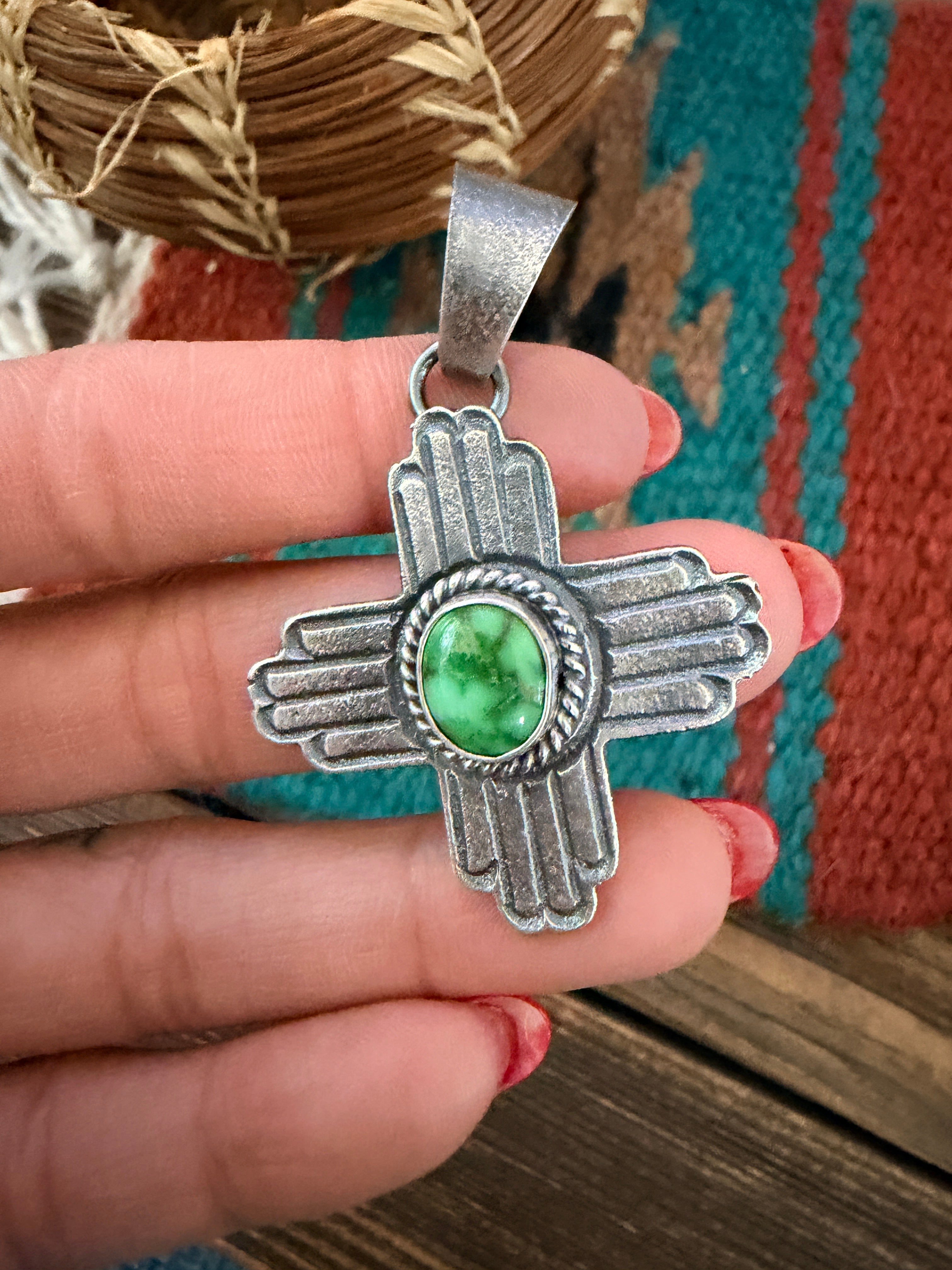 Handcrafted Sterling Silver & Sonoran Mountain Turquoise Zia Cross Pendant by Kevin Billah