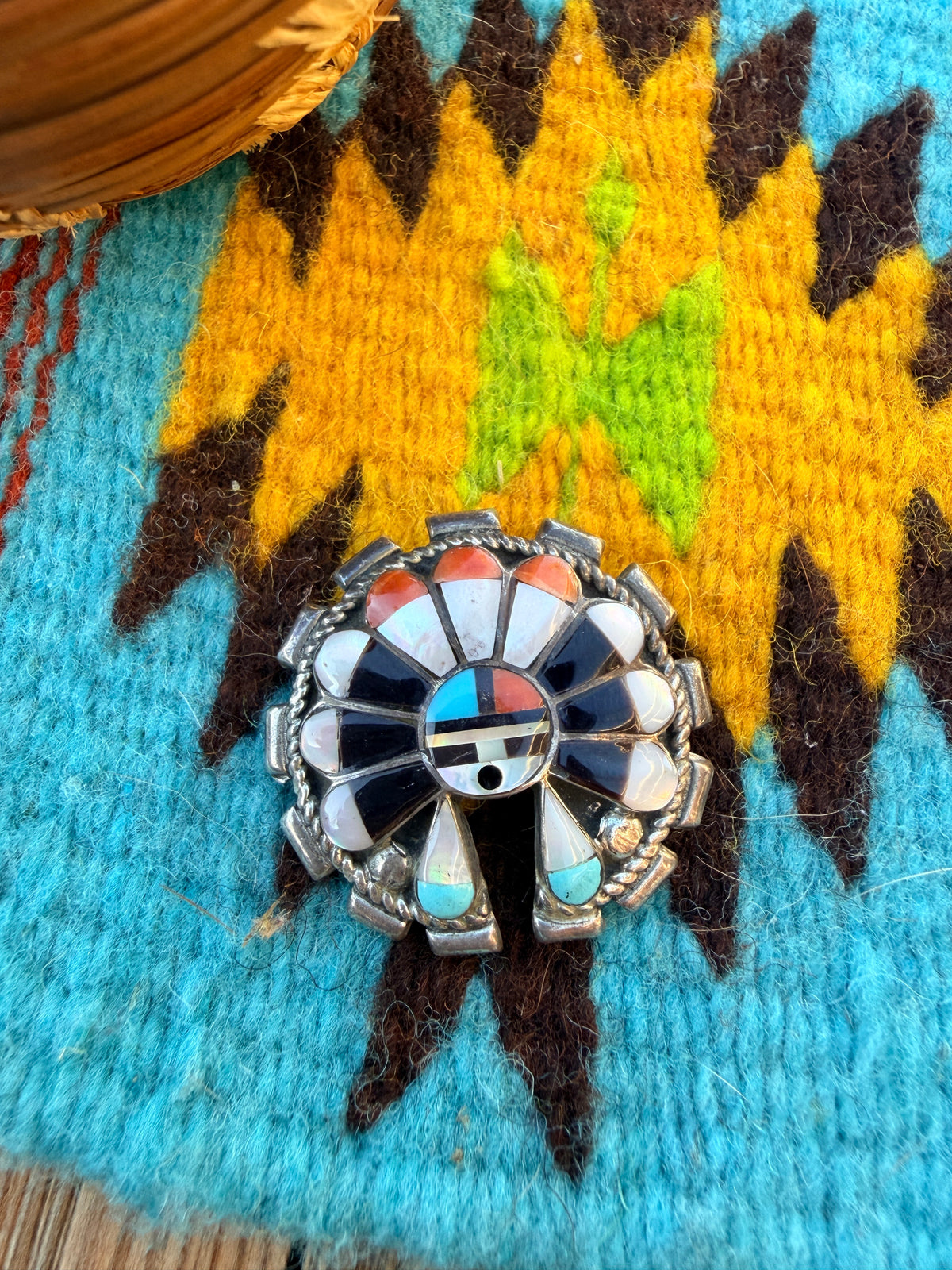 Old Pawn Handcrafted Multi Stone and Sterling Silver Inlay Sun Face Brooch/ Pendant