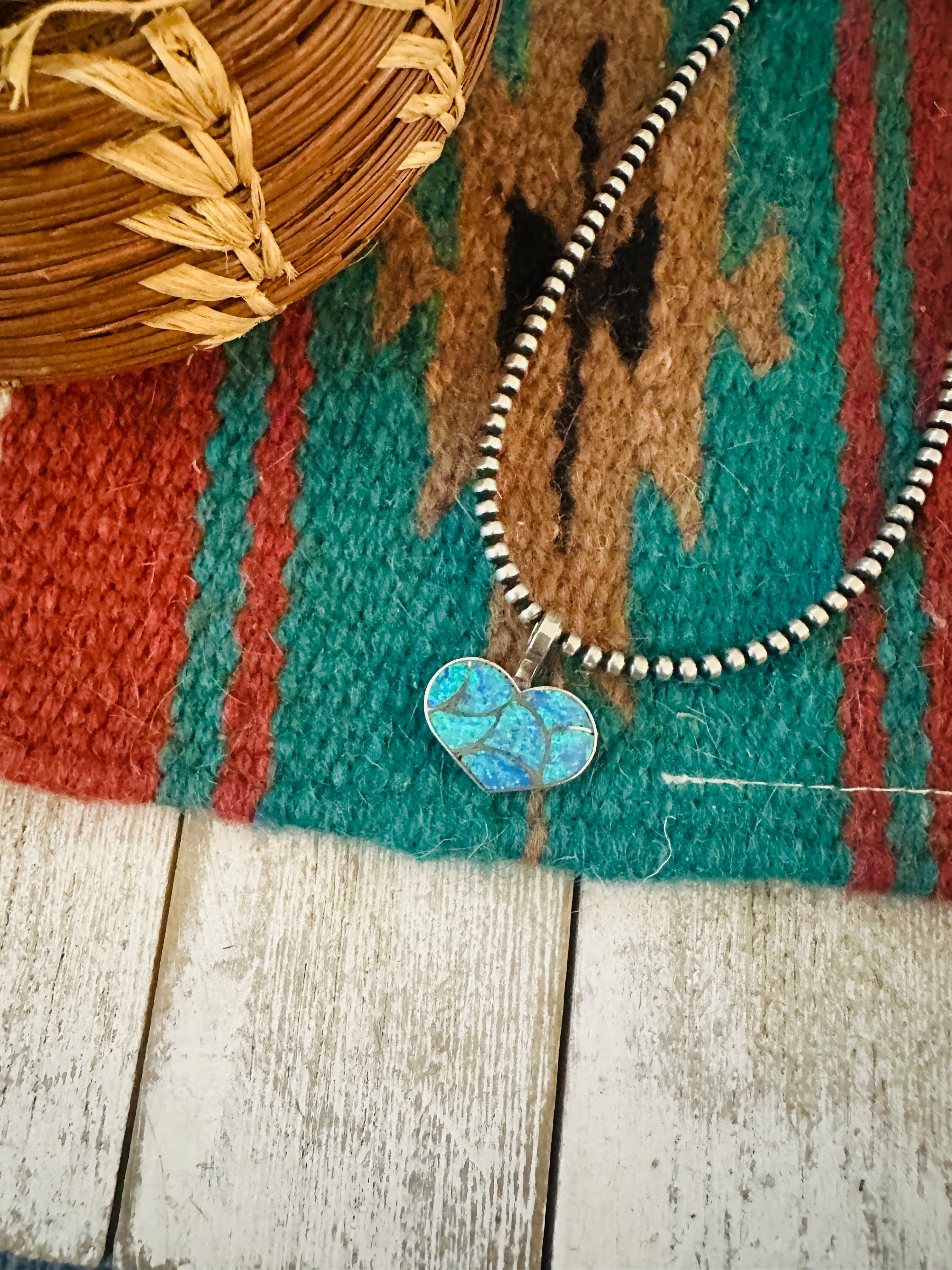 Handcrafted Blue Opal & Sterling Silver Inlay Heart Pendant