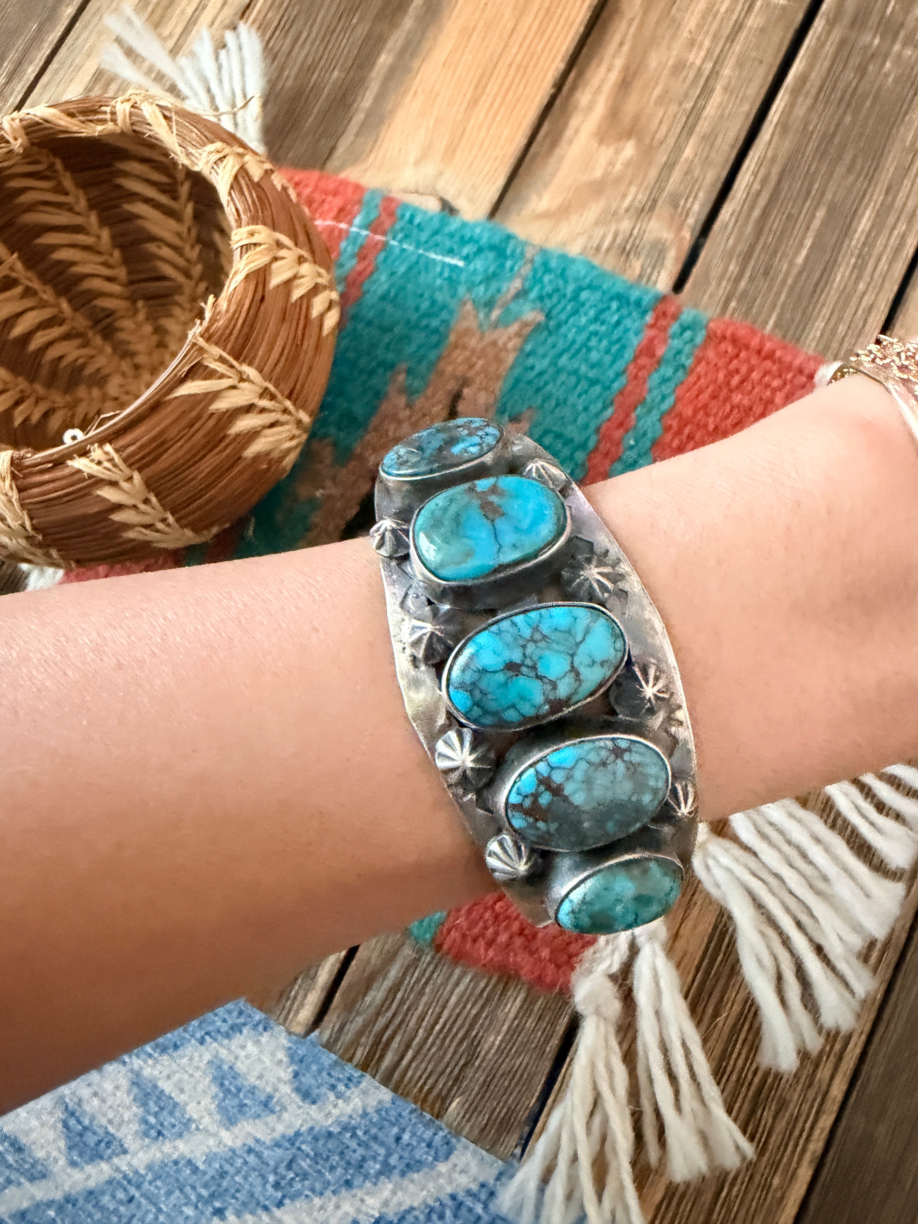 Handcrafted Old Pawn Sterling Silver & Blue Diamond Turquoise Cuff Bracelet