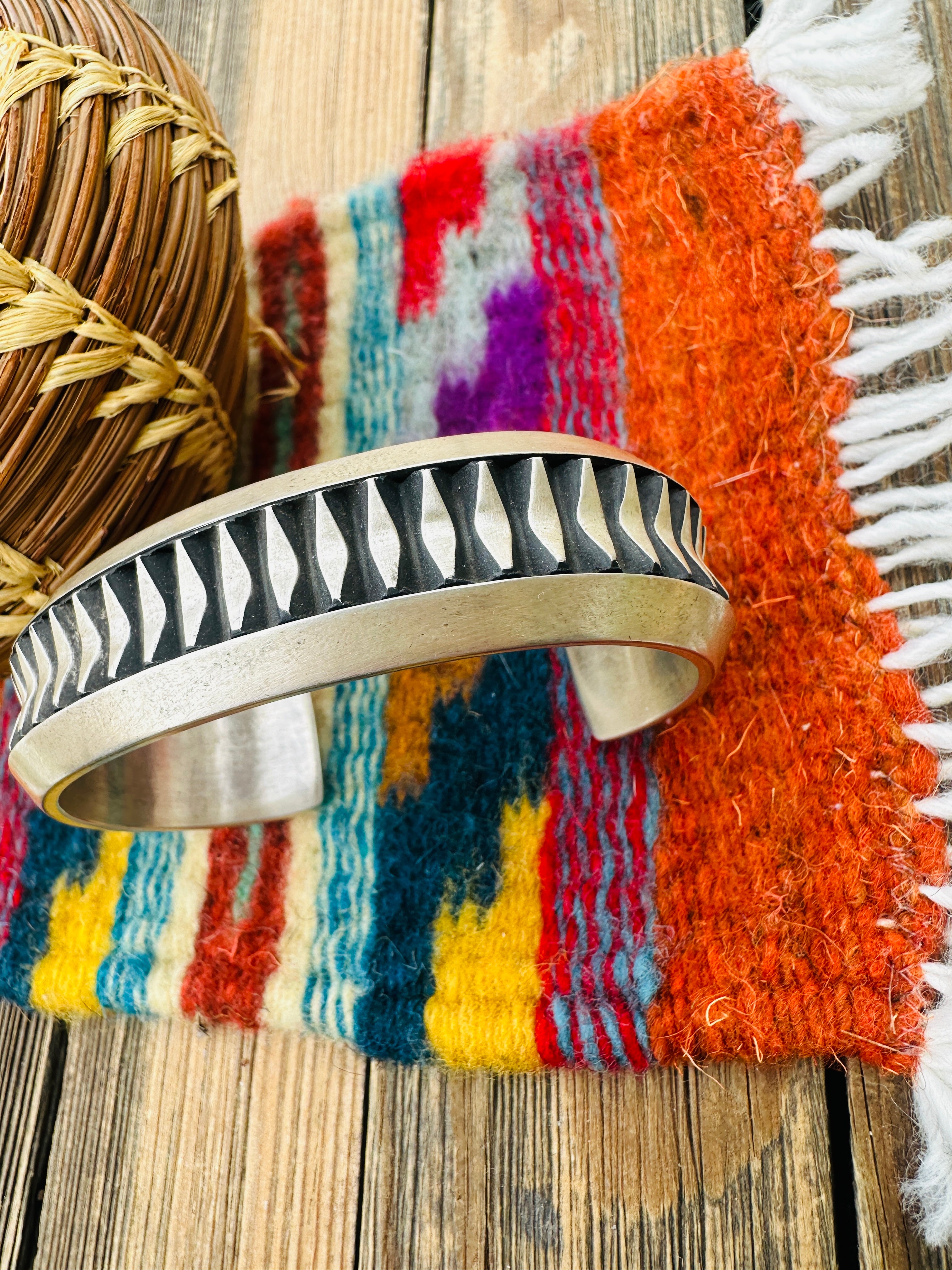 Hand Stamped Sterling Silver Cuff Bracelet by Leander Tahe