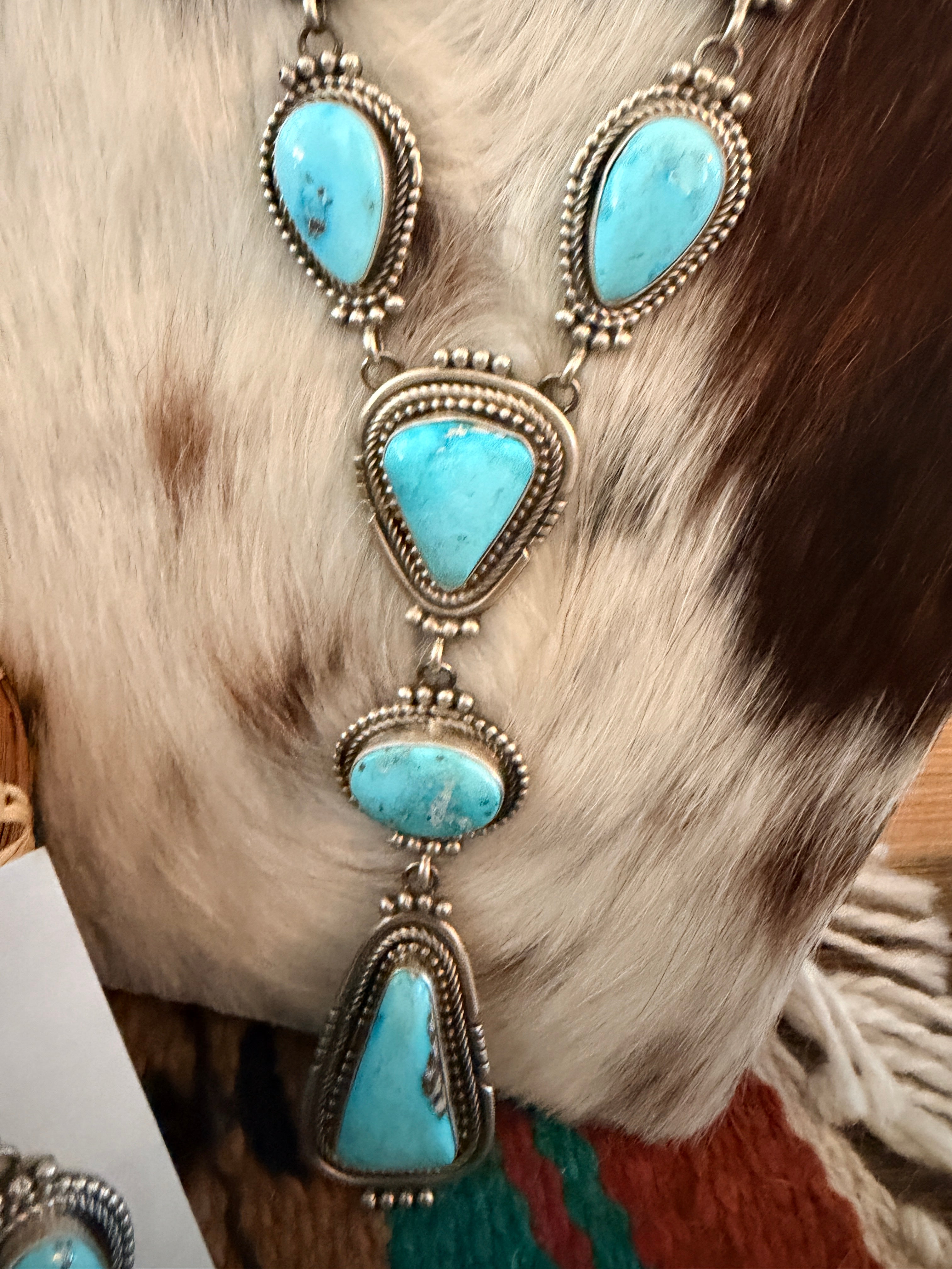 Handcrafted Kingman Turquoise & Sterling Silver Necklace and Earring Set