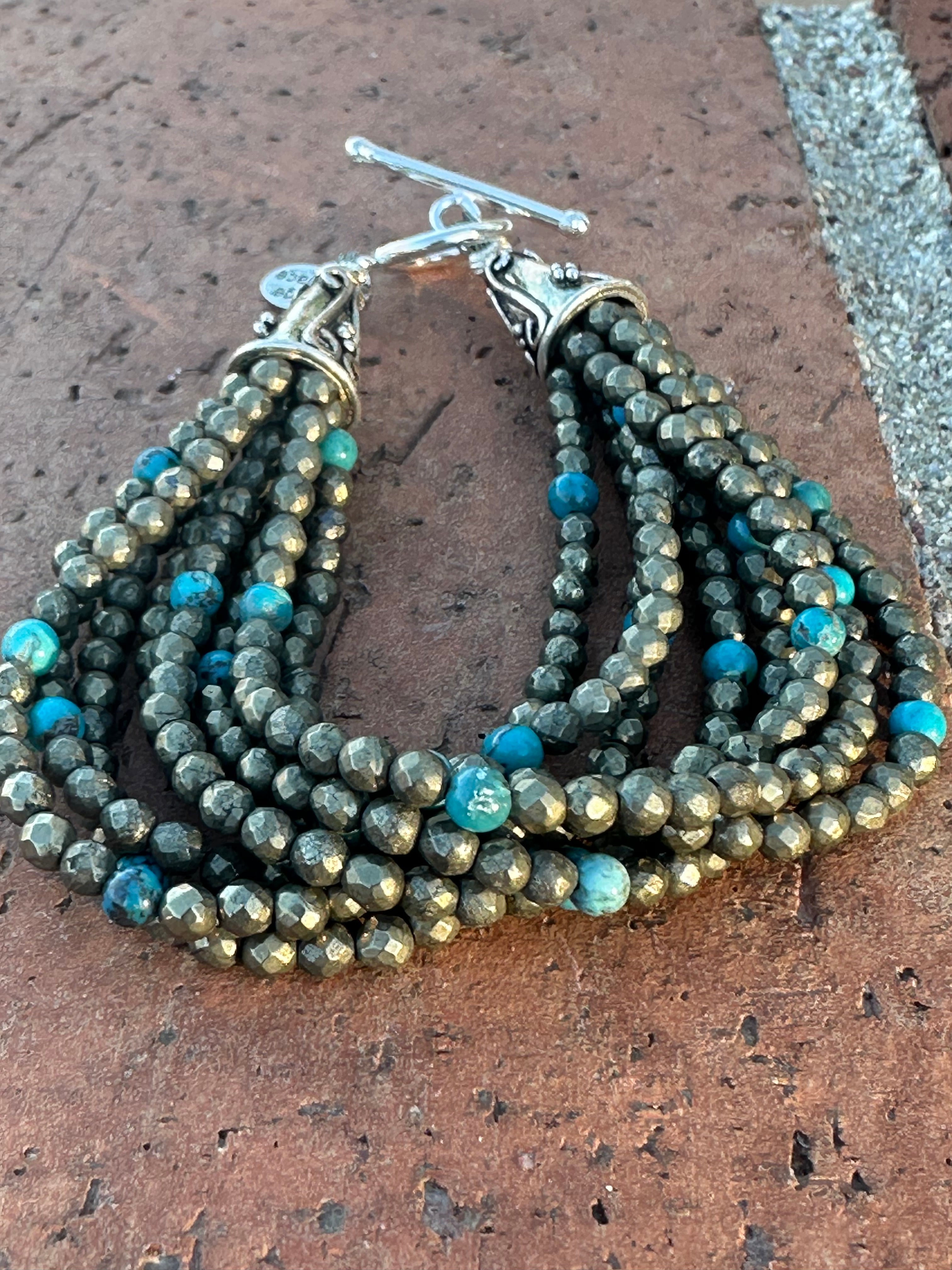 Paige Wallace Handmade Pyrite, Turquoise & Sterling Silver Beaded 8 Strand Bracelet