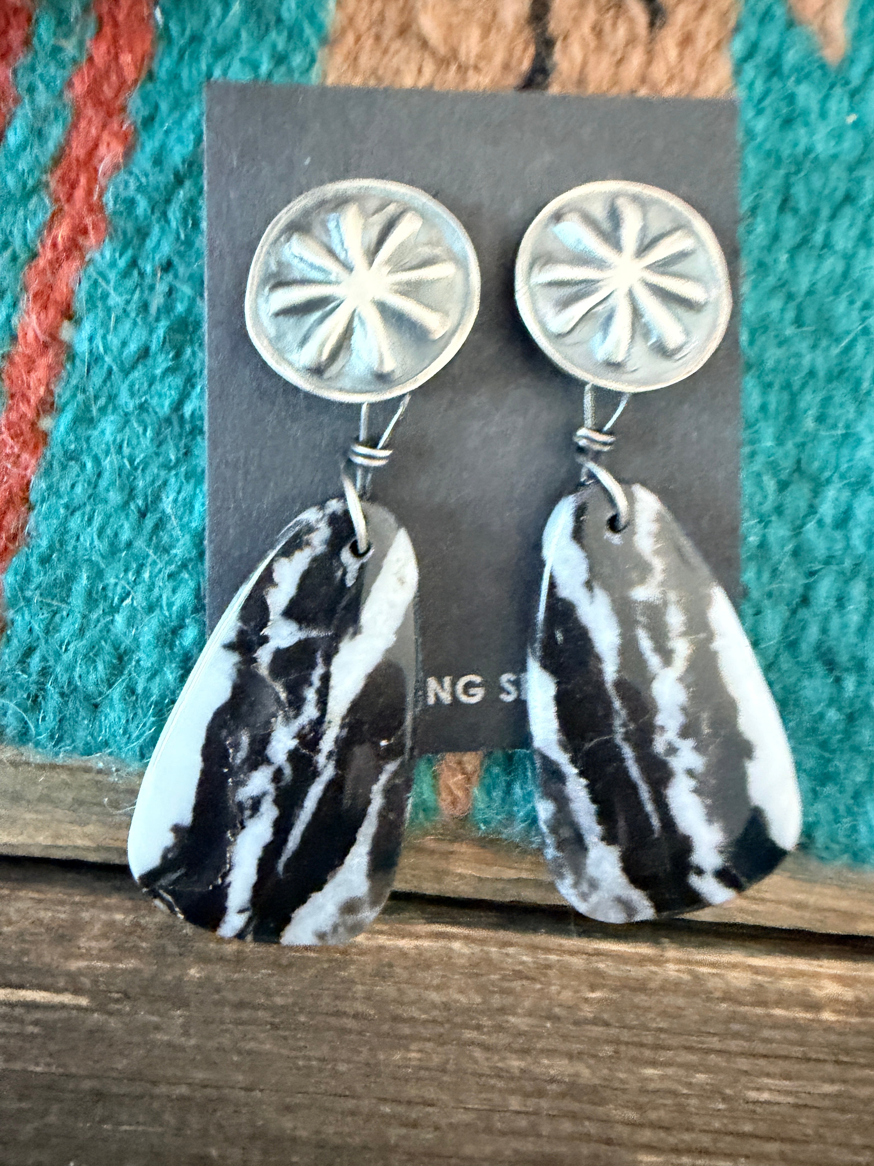 Handcrafted White Buffalo & Sterling Silver Concho Dangle Earrings