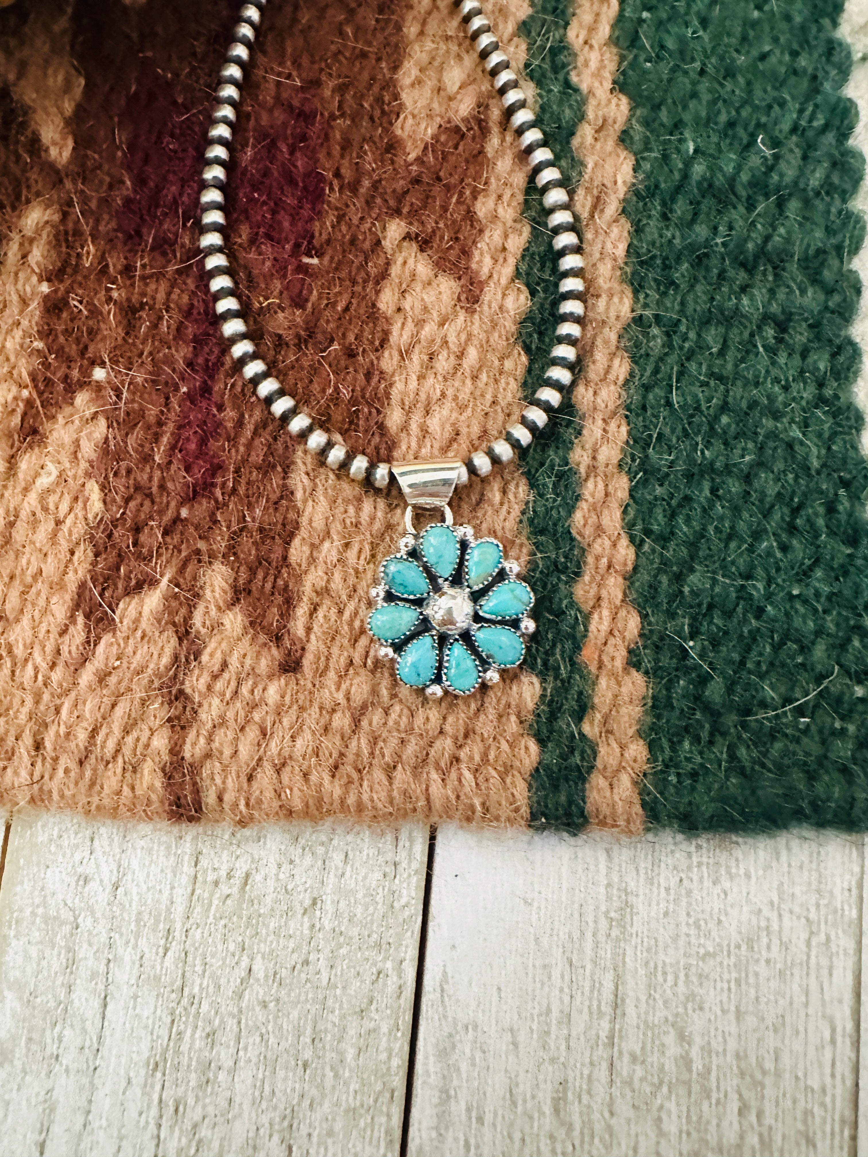 Navajo Turquoise & Sterling Silver Cluster Flower Pendant