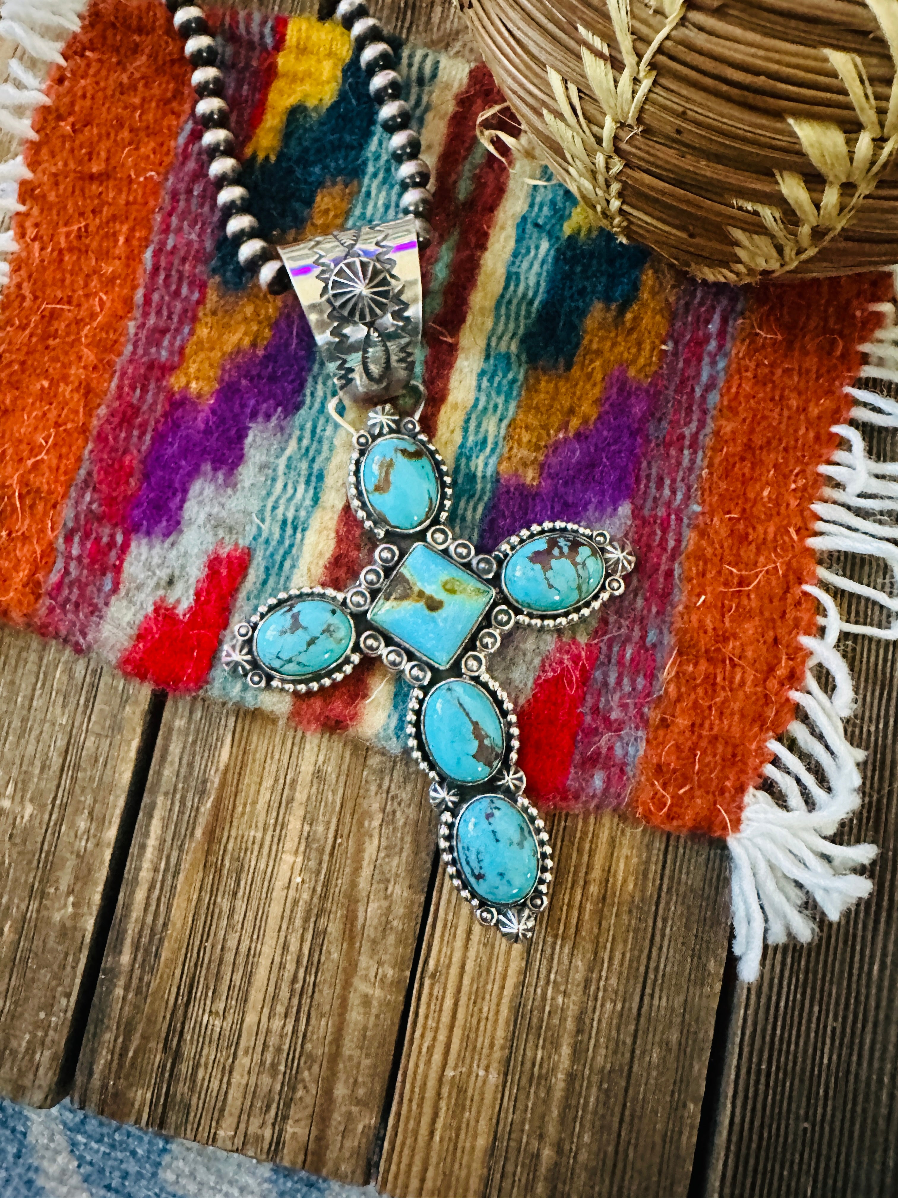 Handcrafted Sterling Silver & Kingman Turquoise Cross Pendant by Rosella Paxson