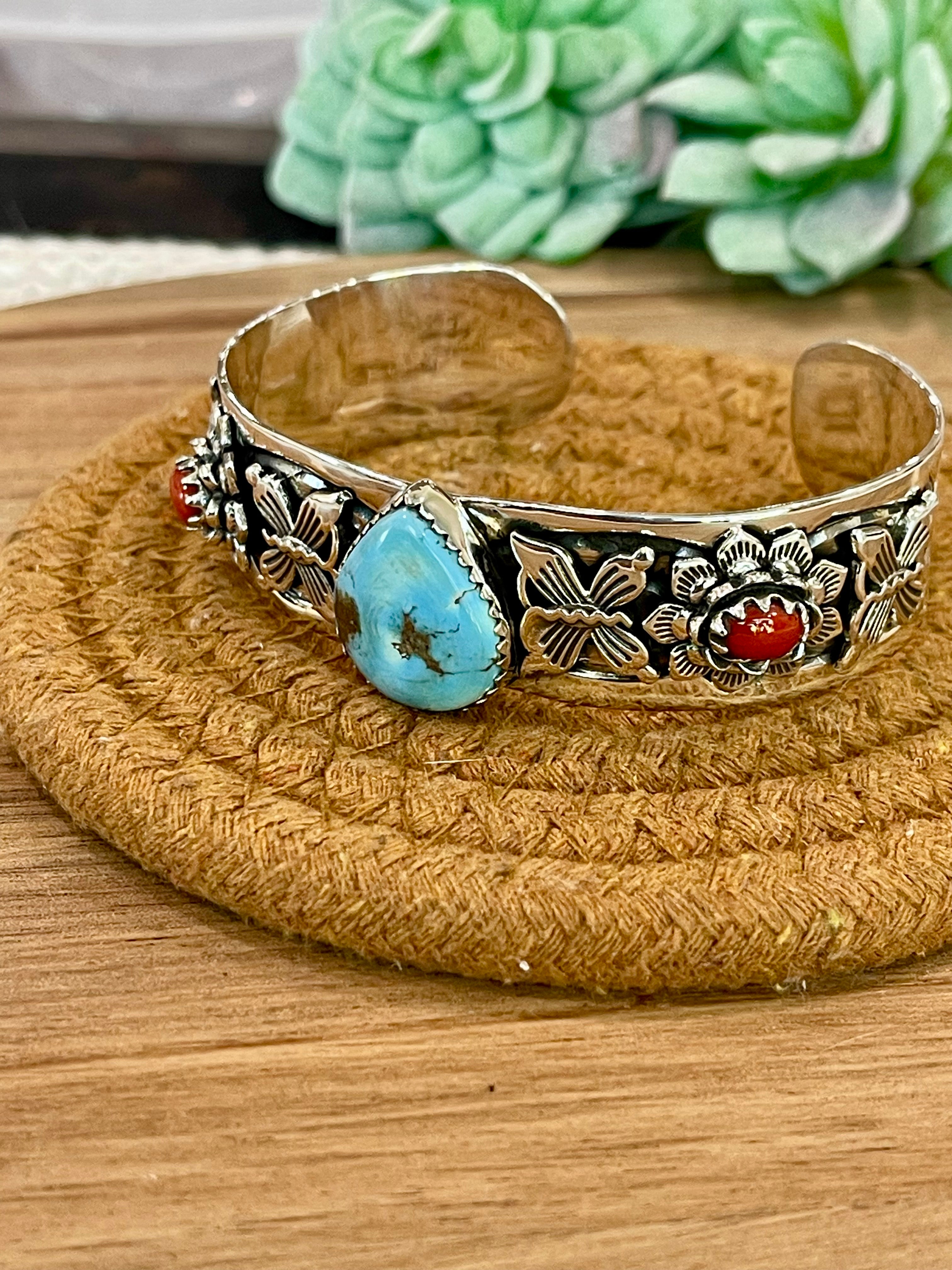 Handmade Sterling Silver Golden Hills Turquoise & Coral Cuff Bracelet with Signed Nizhoni