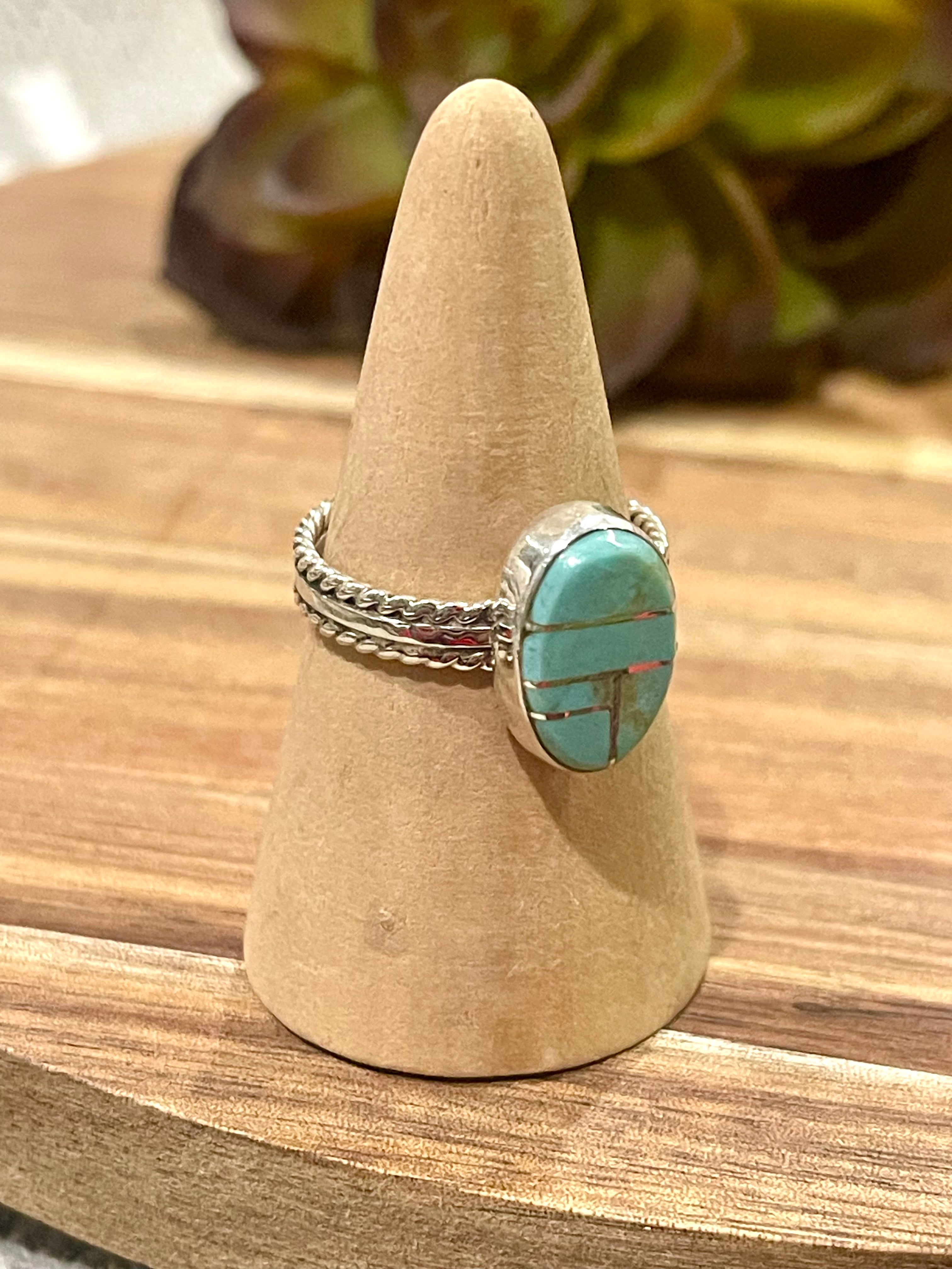 Navajo Turquoise & Sterling Silver Inlay Ring Size 9