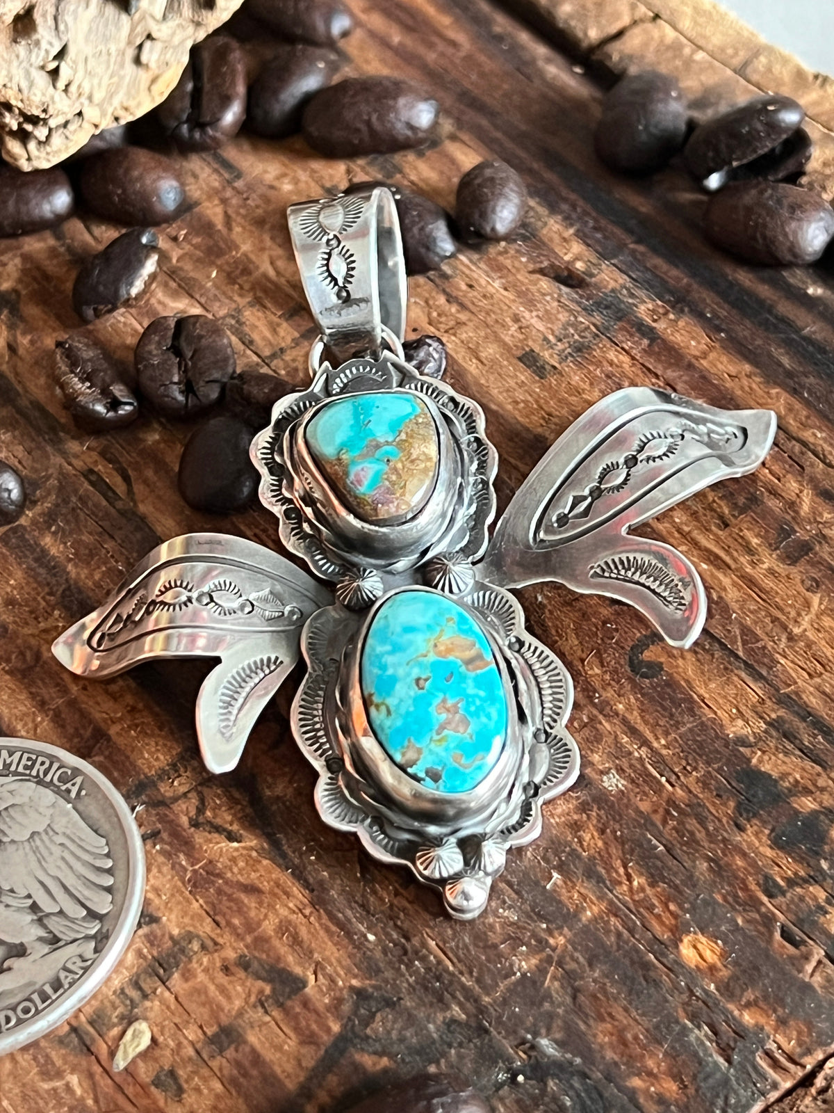 Handcrafted Kimari Somers Sterling Silver and Turquoise Winged Bug Pendant