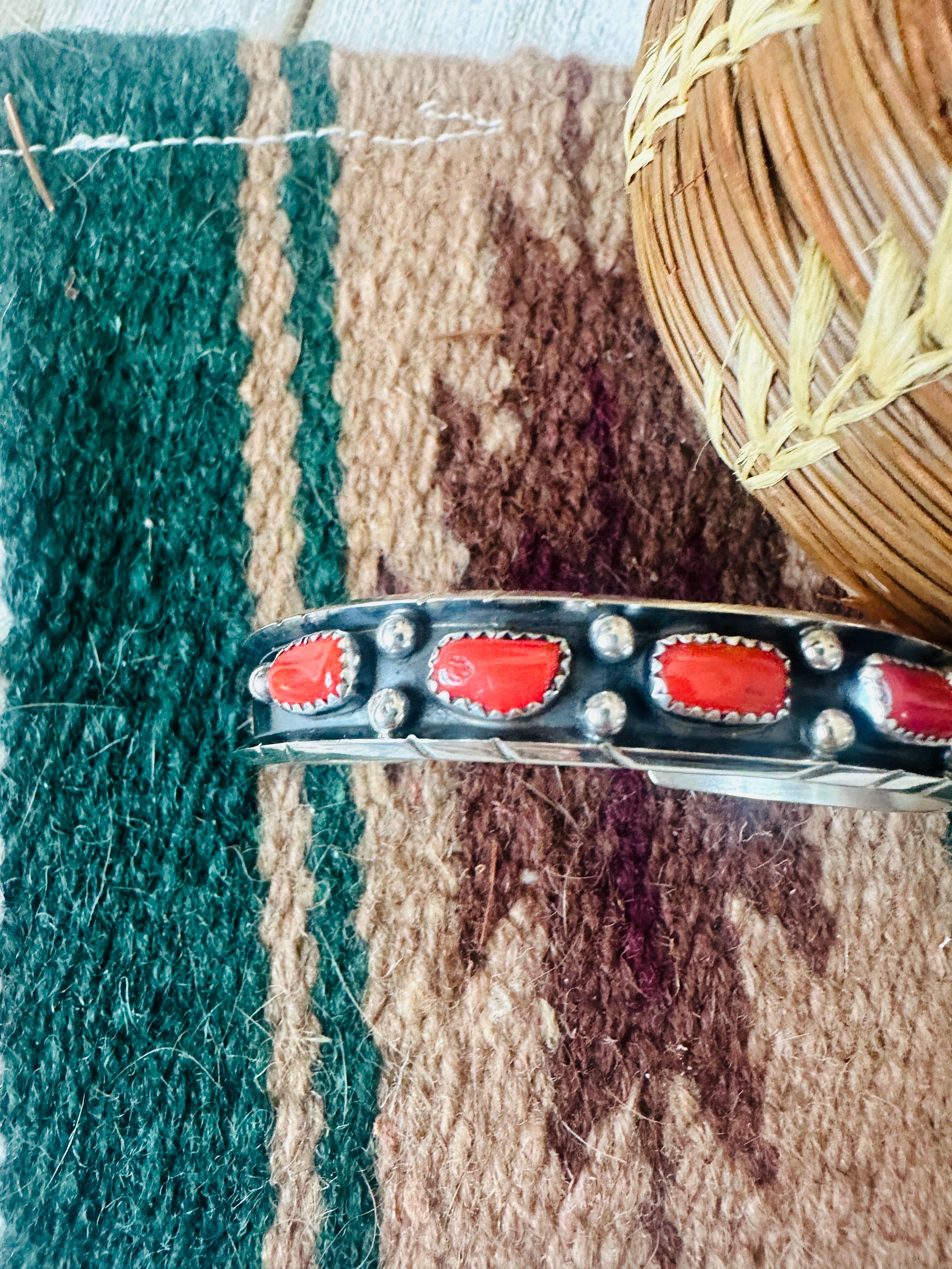 Navajo Coral & Sterling Silver Cuff Bracelet