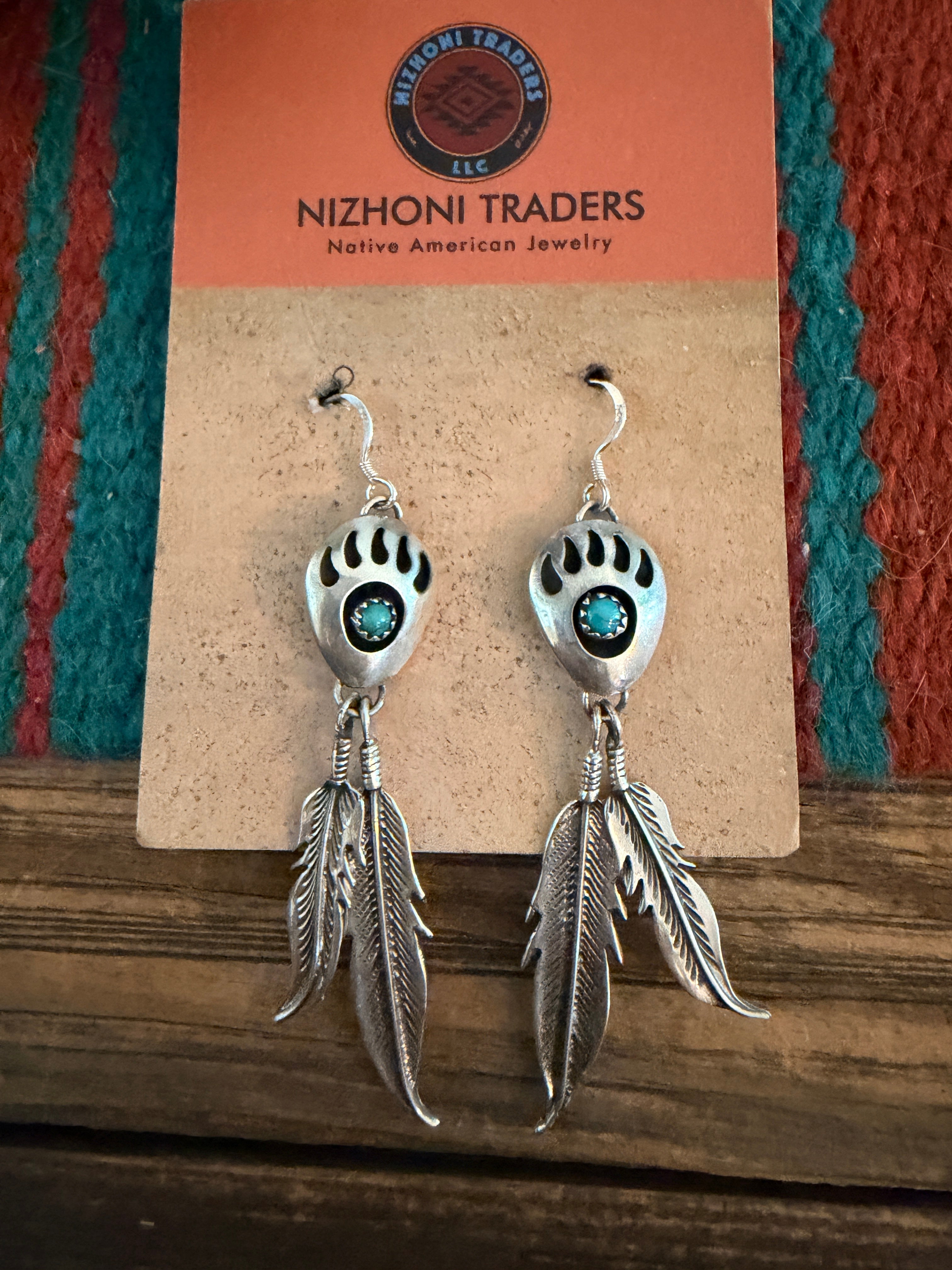 Handcrafted Turquoise & Sterling Silver Bear Paw Feather Dangle Earrings