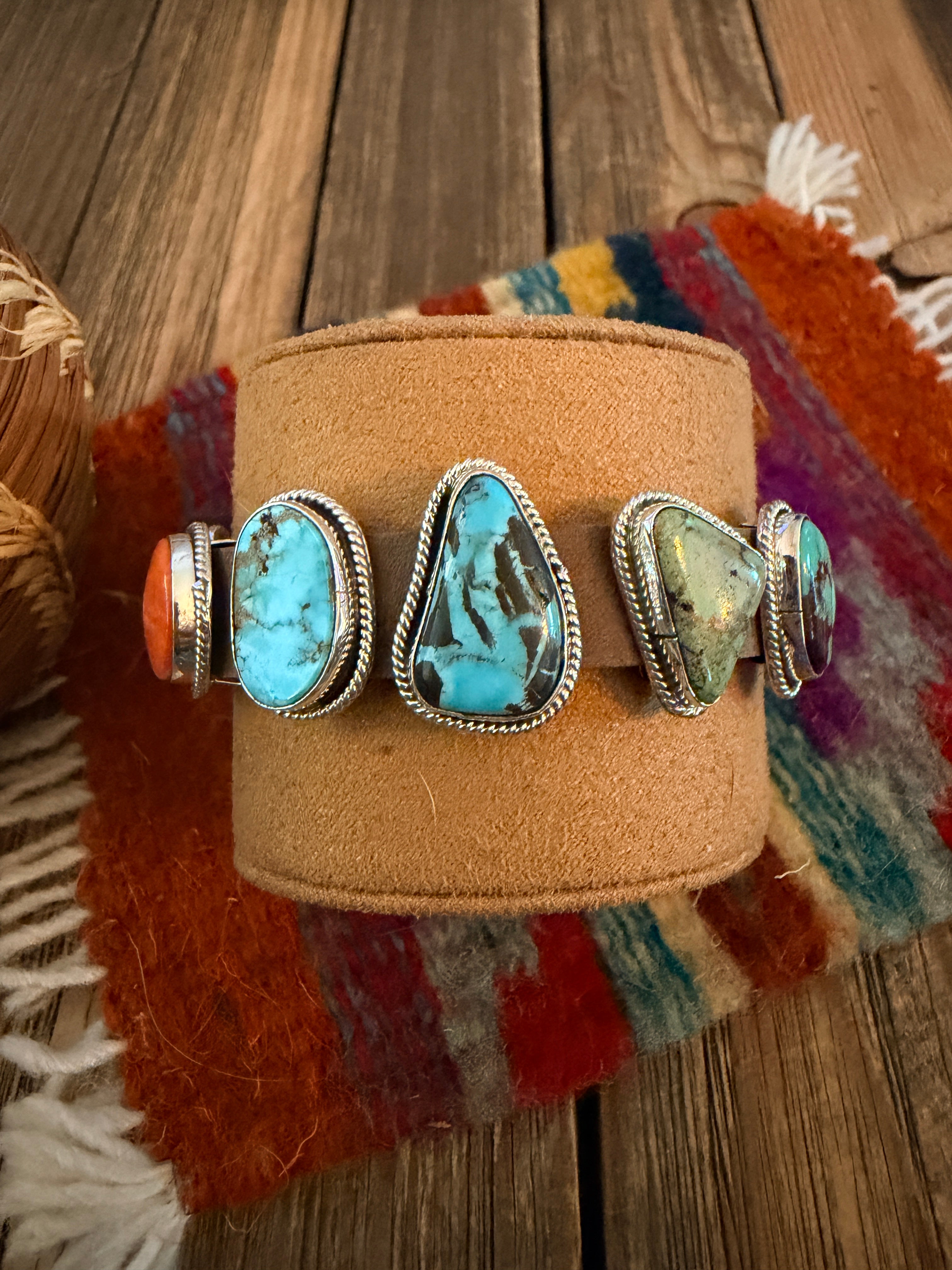 Handcrafted Multi Turquoise, Spiny & Sterling Silver Leather Bracelet
