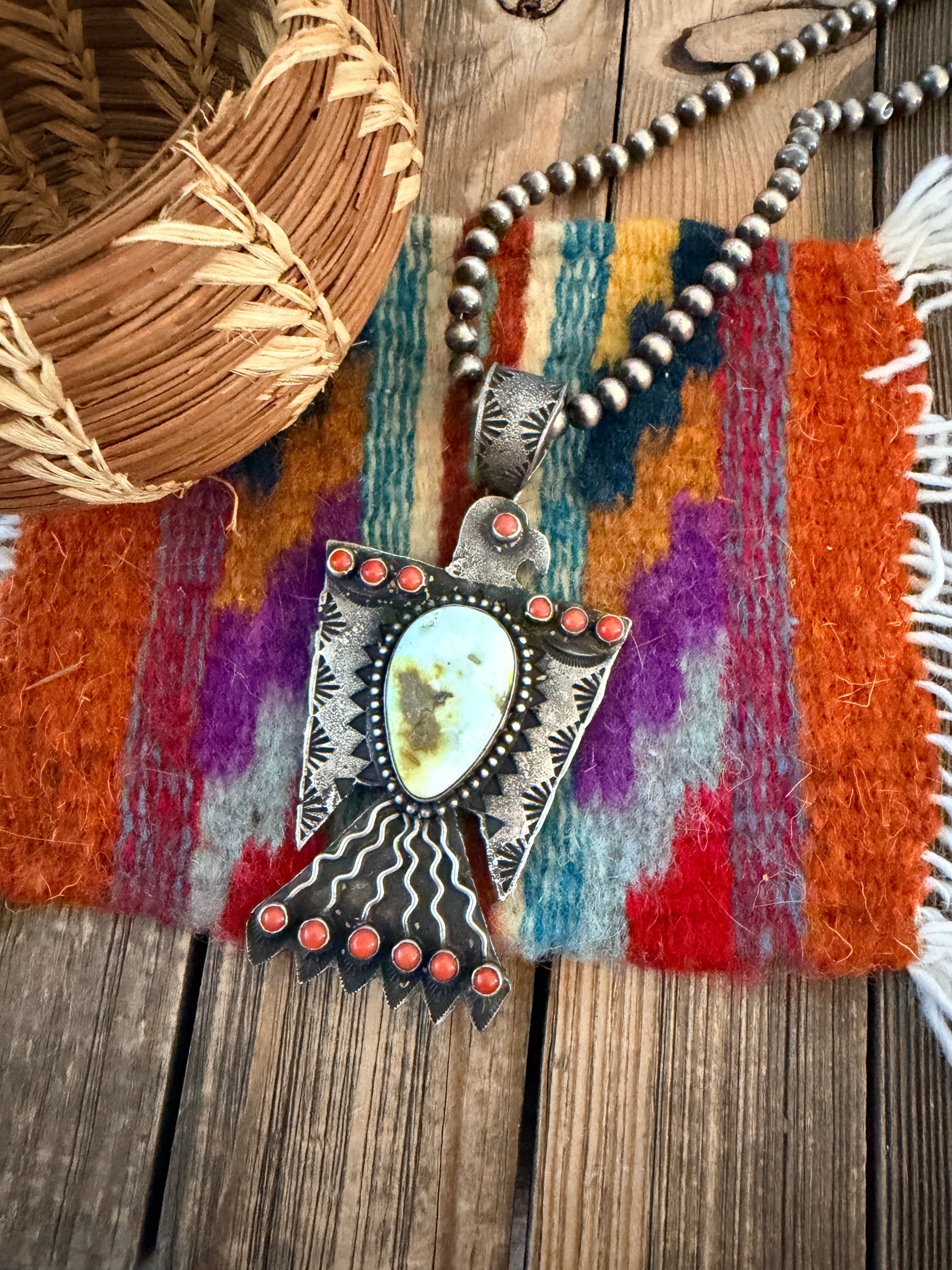 Handcrafted Sterling Silver, Turquoise & Coral Thunderbird Pendant by Shawn Cayatineto