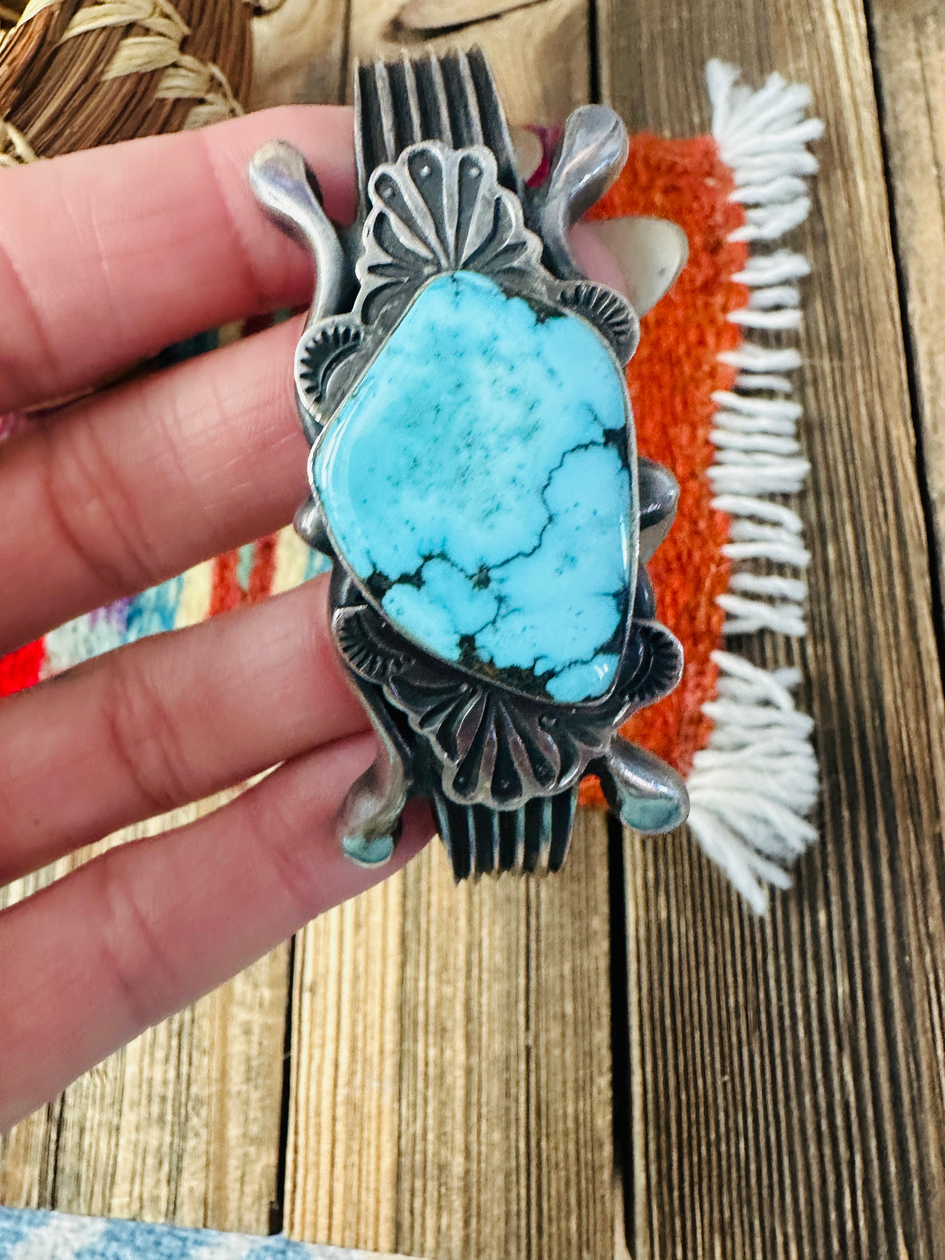 Handcrafted Old Pawn Turquoise & Sterling Silver Cuff Bracelet by Harold Becenti