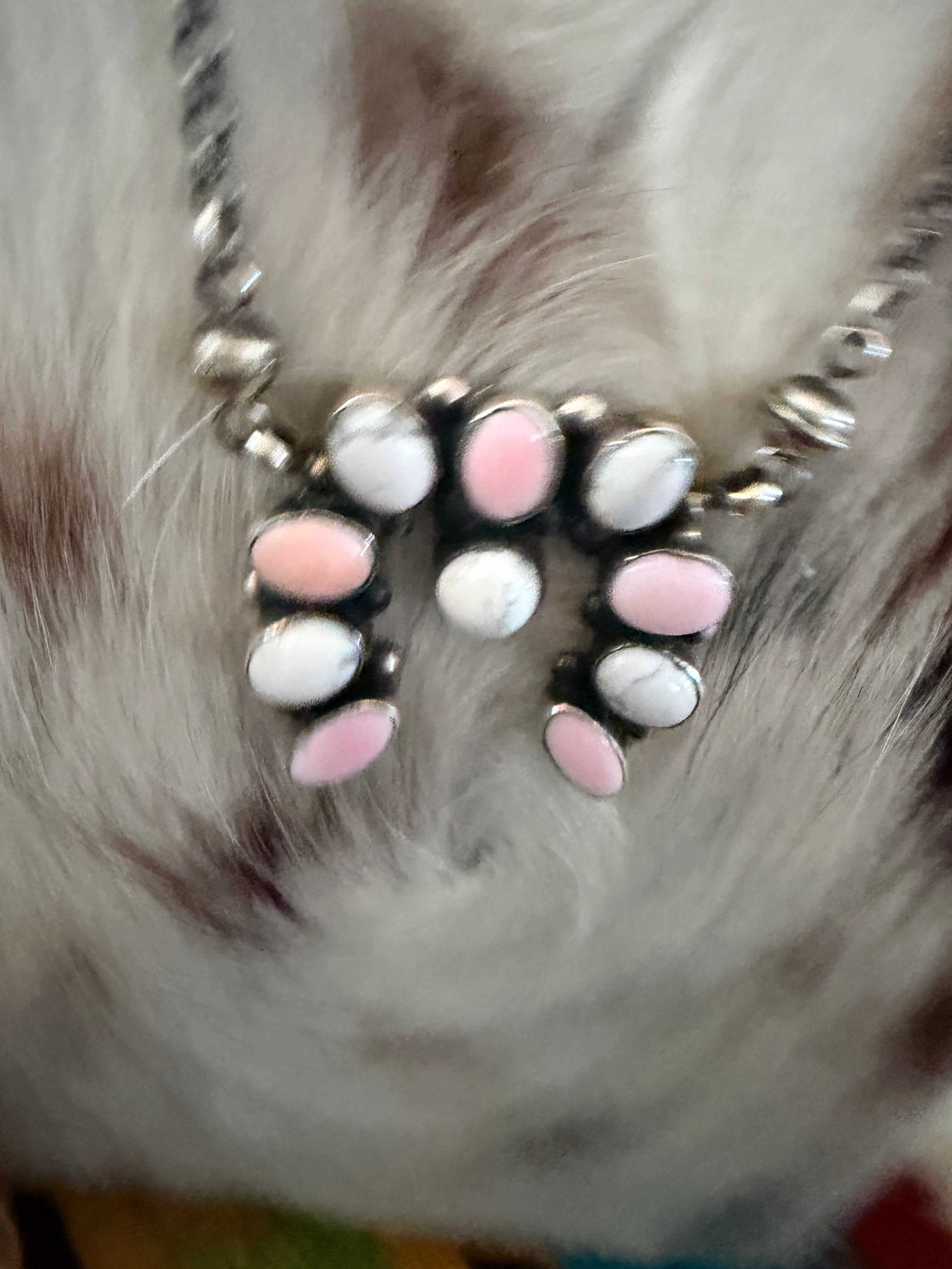Handcrafted Queen Pink Conch, White Buffalo & Sterling Silver Naja Necklace by Jacqueline Silver