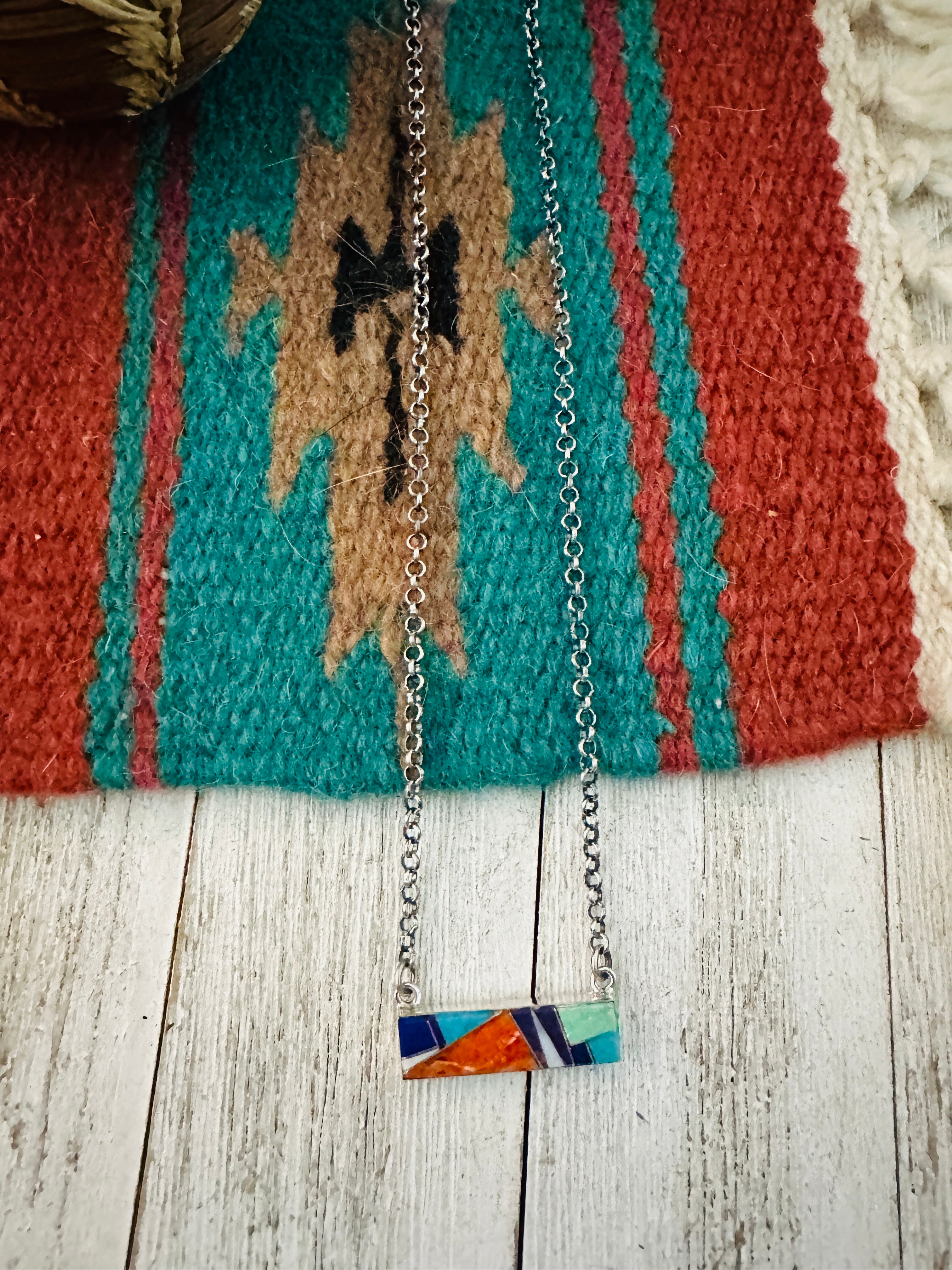 Navajo Multi Stone & Sterling Silver Inlay Bar Necklace