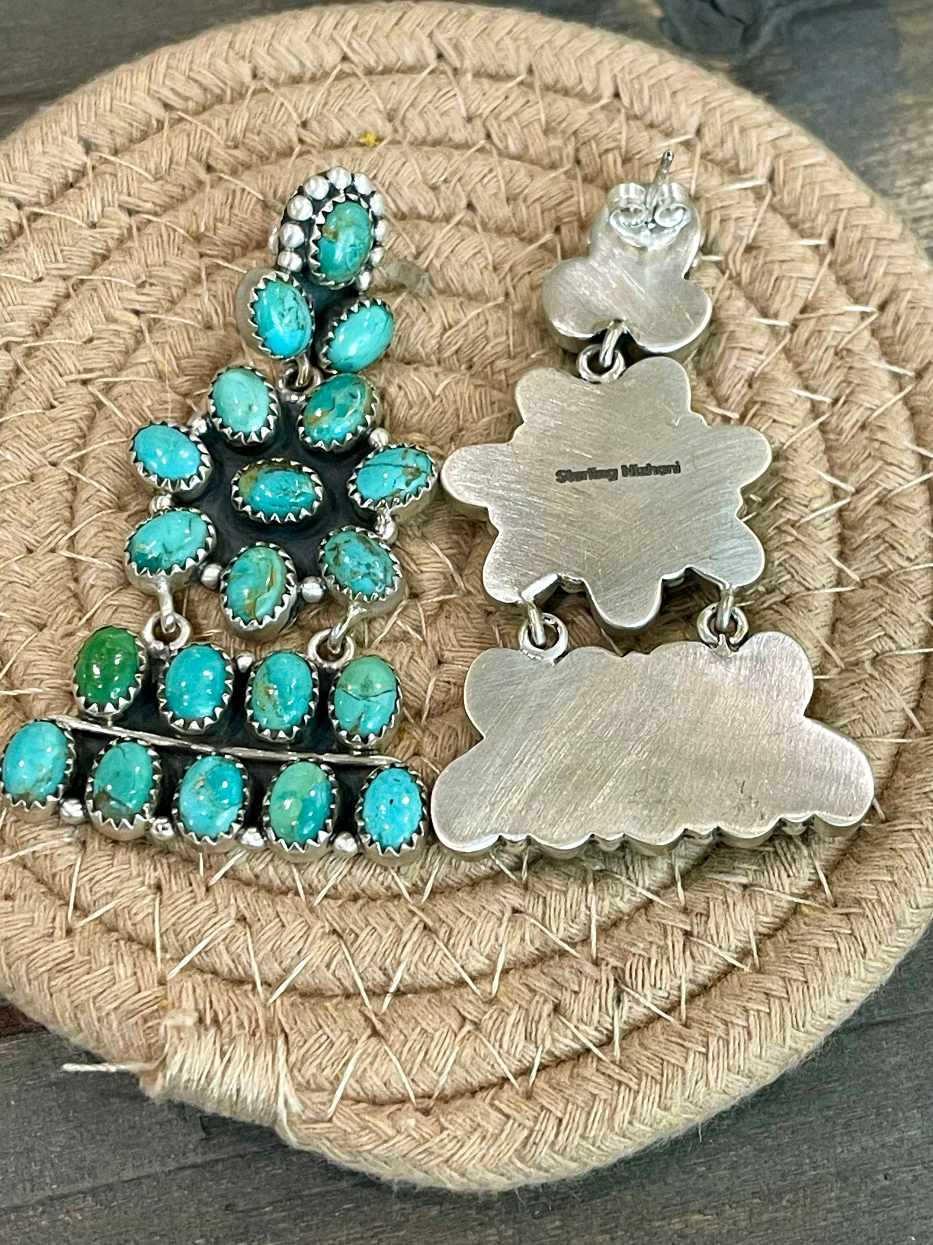 Handmade Turquoise & Sterling Silver Post Dangle Cluster Earrings