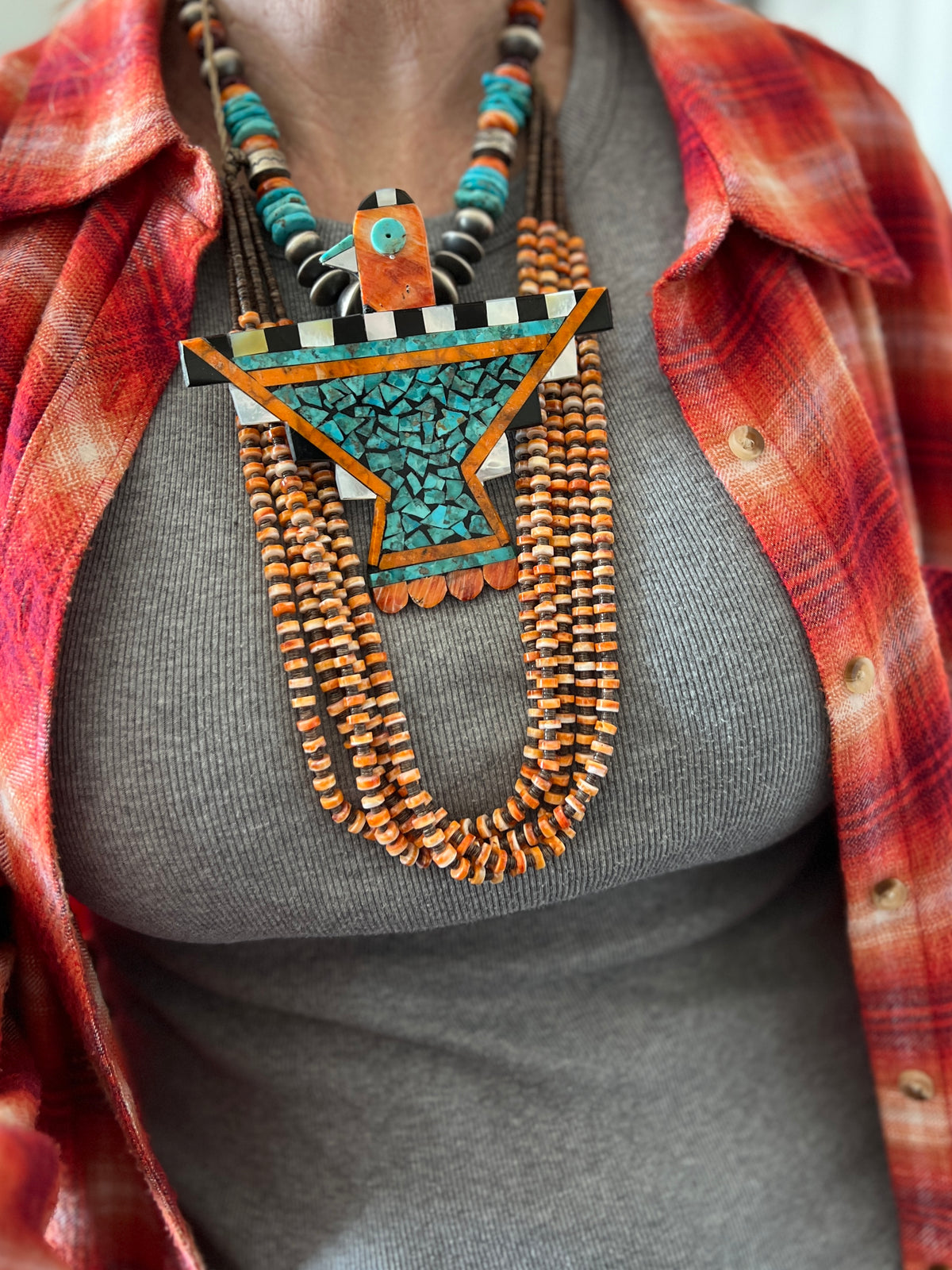 Warren Nieto Inlay Turquoise and Spiny Oyster Thunderbird  Necklace & Earrings Set