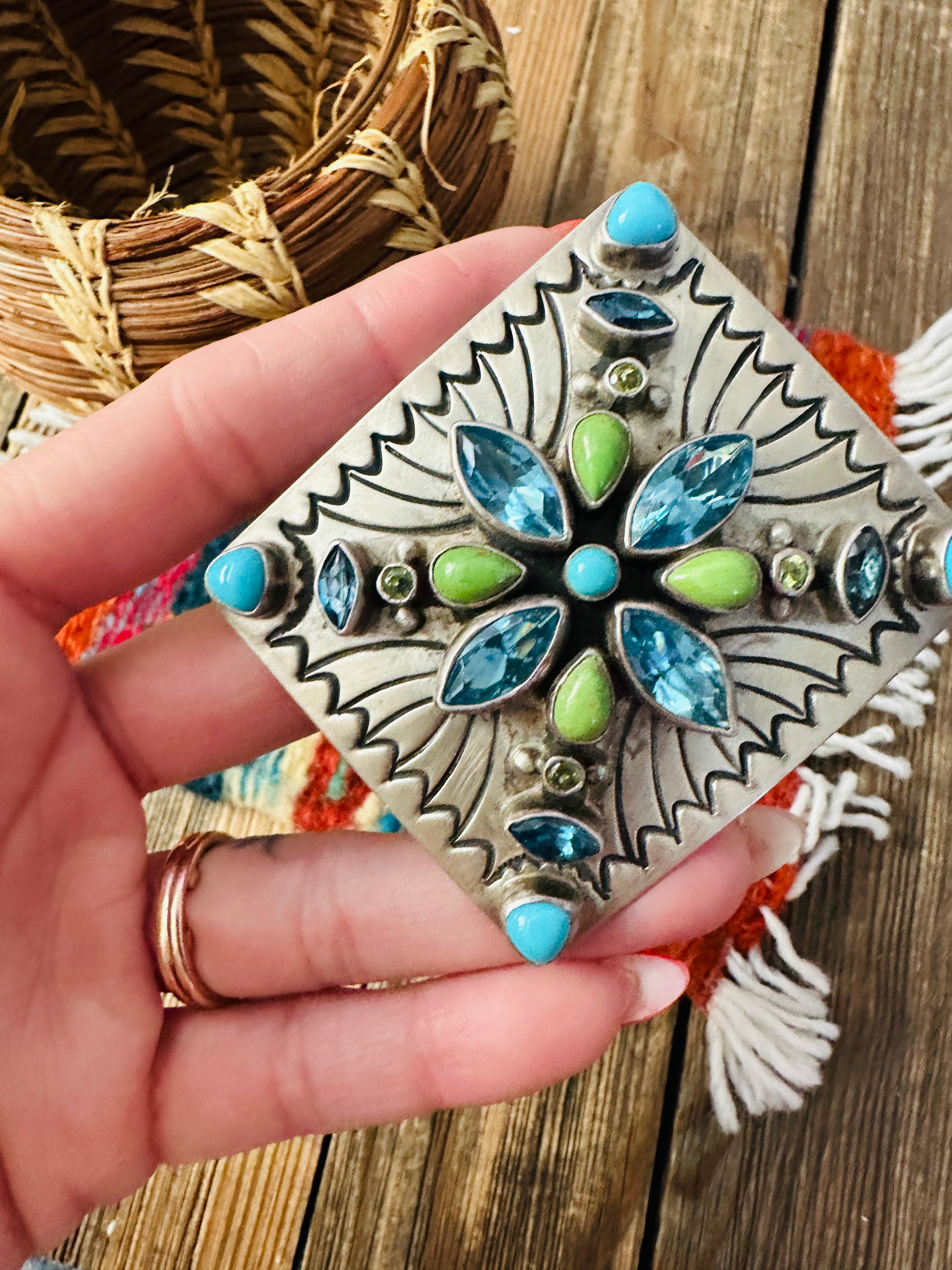 Handcrafted Vintage Old Pawn Multi Stone & Sterling Silver Belt Buckle