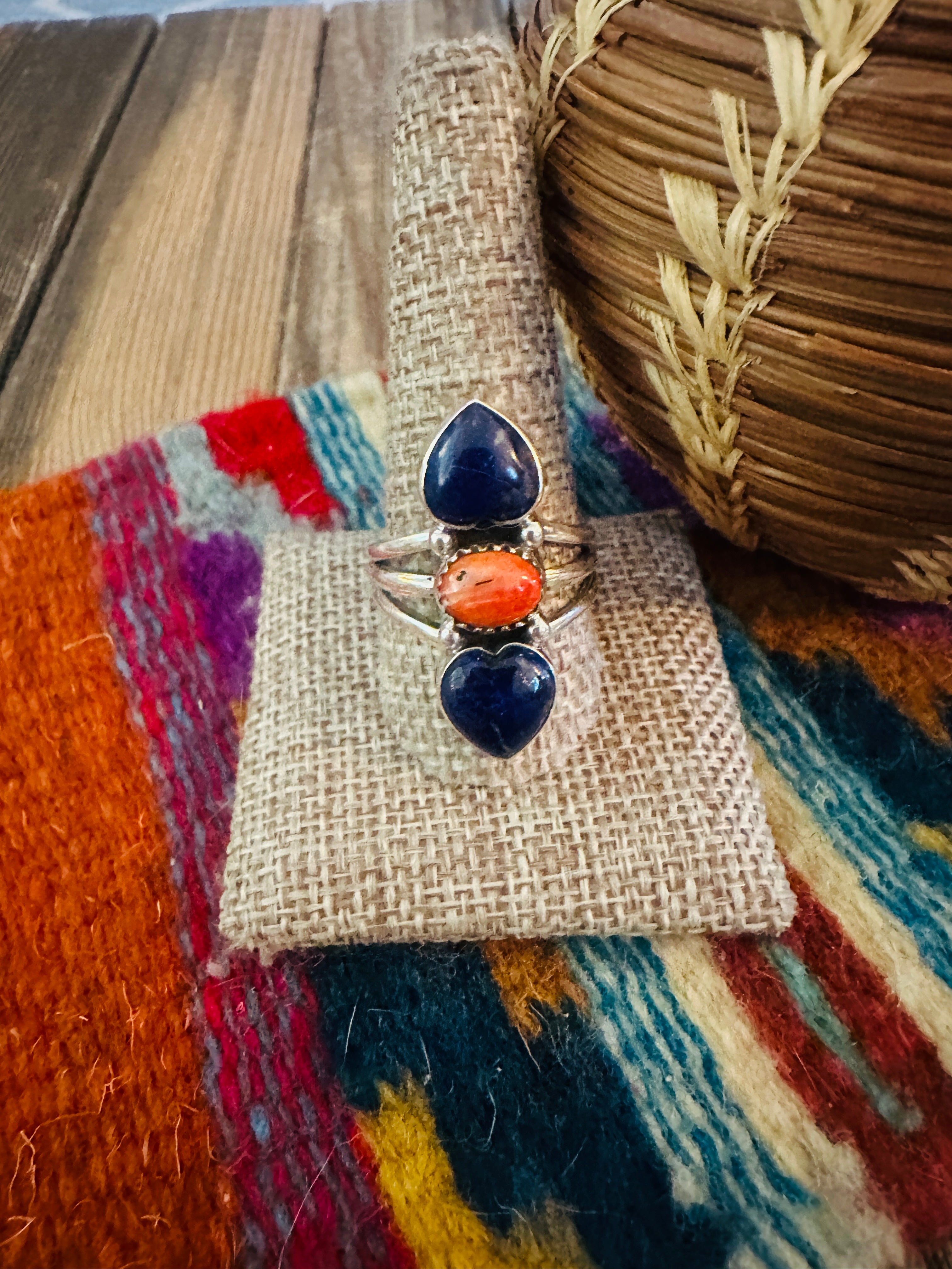 Handcrafted Lapis, Spiny Oyster & Sterling Silver Heart Ring Size 11