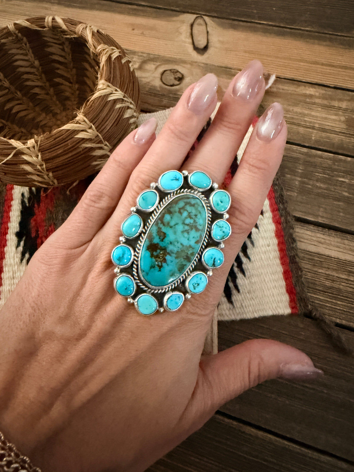 Handcrafted Kingman Turquoise & Sterling Silver Cluster Adjustable Ring by Aaron David